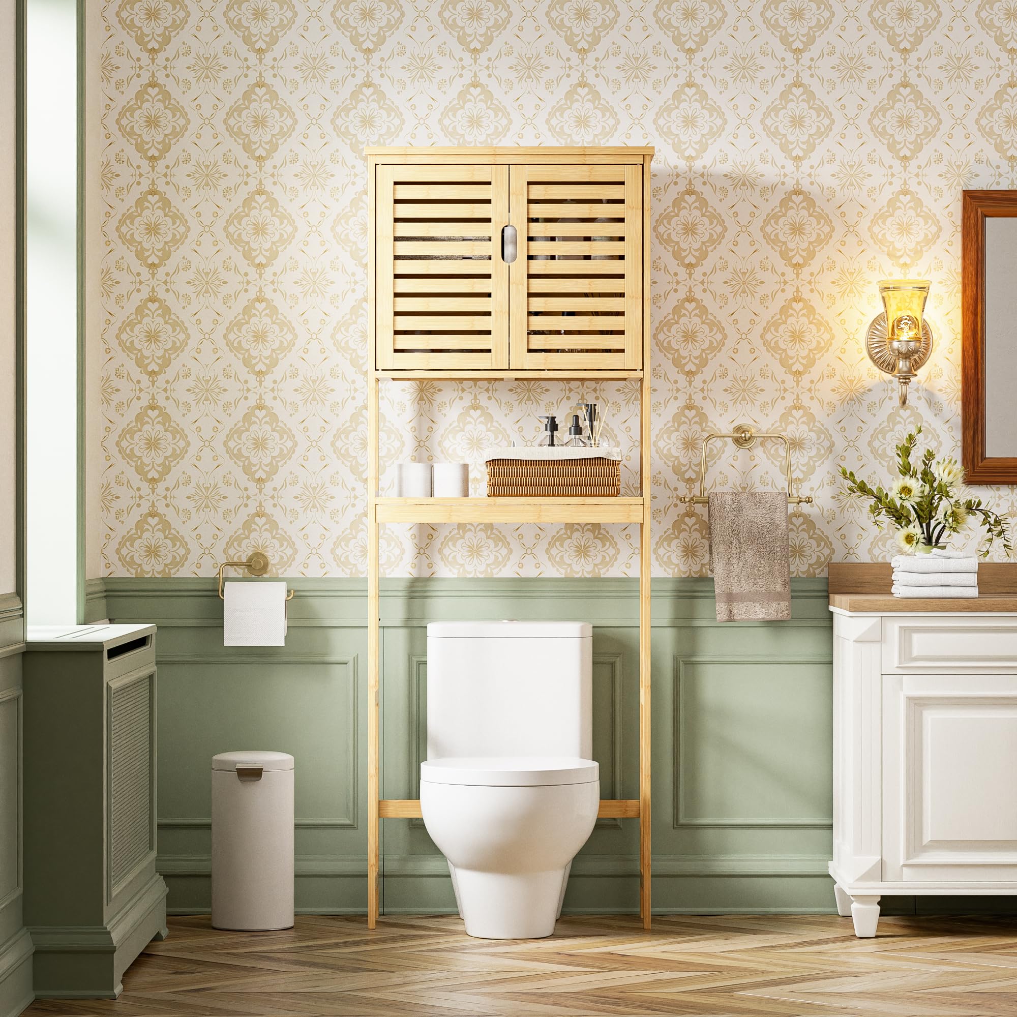 SMIBUY Over The Toilet Storage Cabinet - 2 Door Bamboo Bathroom Organizer with Adjustable Shelves | Freestanding Space Saver Toilet Rack for Small Bathrooms | Perfect for Towels, Toiletries & Bathroom Essentials (Natural)