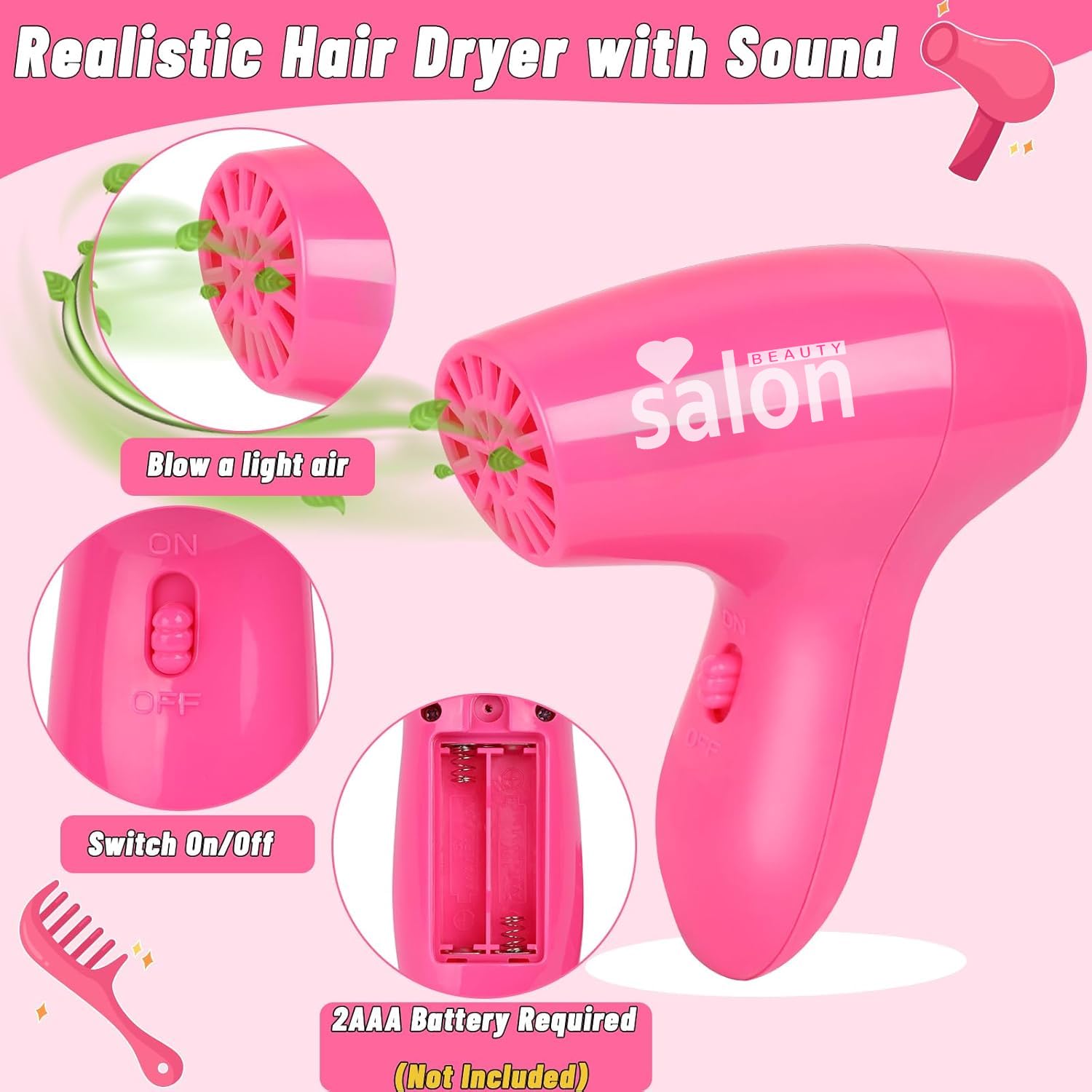Girls Hair Salon Pretend Play Set - Styling Toys with Blow Dryer, Barber Apron, Scissors & Fake Money | Perfect for Kids Role Play, Birthday Gifts & Preschool Learning Activities