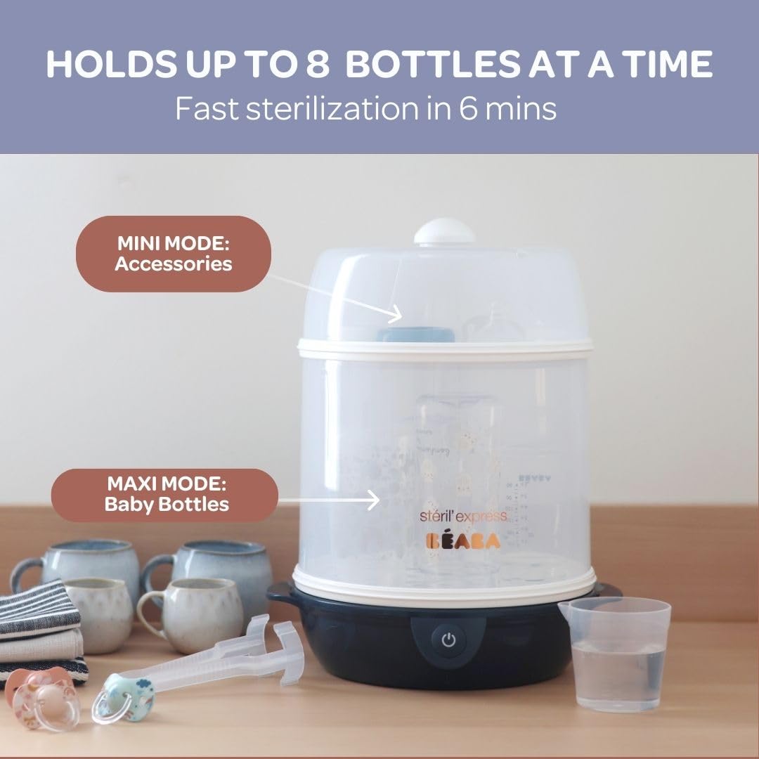 BEABA Steril' Express 2-in-1 Baby Bottle Sterilizer - Fast 6-Minute Steam Sterilization, Auto Shut Off, Safe for Bottles, Pacifiers & Breast Pump Parts - Perfect for Nursery, Travel & Midnight Feedings