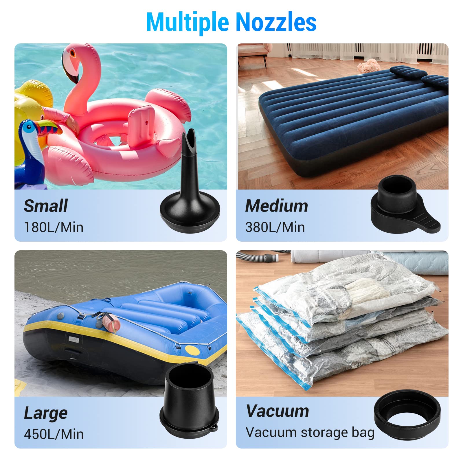 Portable Rechargeable Electric Air Pump - Fast Inflation for Air Mattress, Pool Floats, Boat Toys & Inflatables | Mini Travel Air Pump with 4 Nozzles | Perfect for Camping, Travel & Outdoor Activities