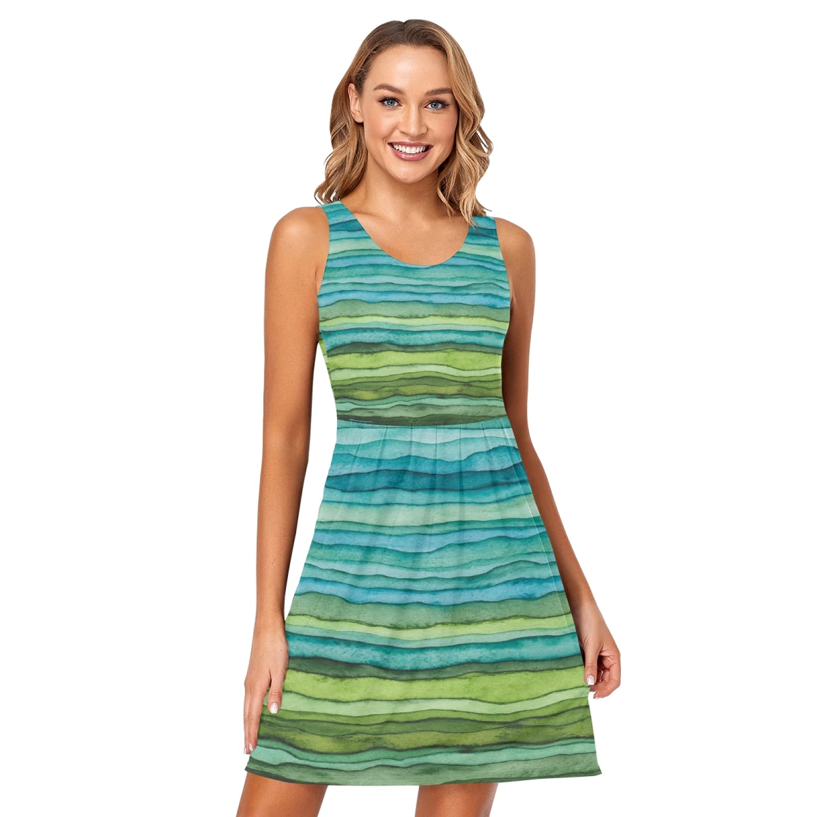 Bright Blue & Green Watercolor Wave Print Women's Summer Sleeveless Casual Sundress - Flowy T-Shirt Tank Dress with Pockets | Perfect for Beach Cover Up, Vacation Outfits & Everyday Wear (Size S)
