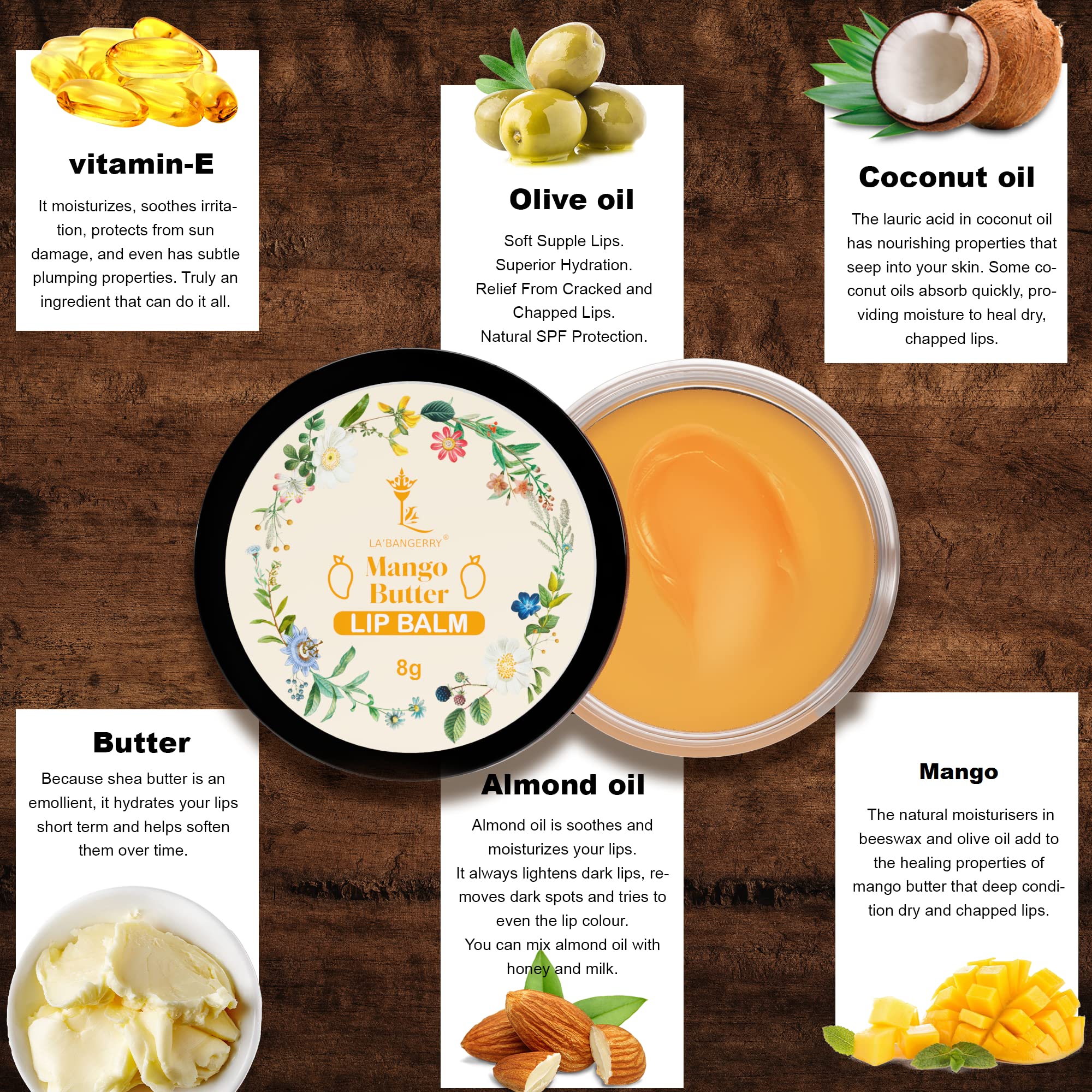 LA'BANGERRY Mango & Watermelon Flavor Lip Balm - Vitamin E, Coconut Oil & Almond Oil Enriched - Lightens Dark Lips & Moisturizes Dry, Chapped Lips - For Men & Women - Pack of 2 (8g Each) - Perfect for Daily Hydration, Winter Care & On-the-Go Lip Protection