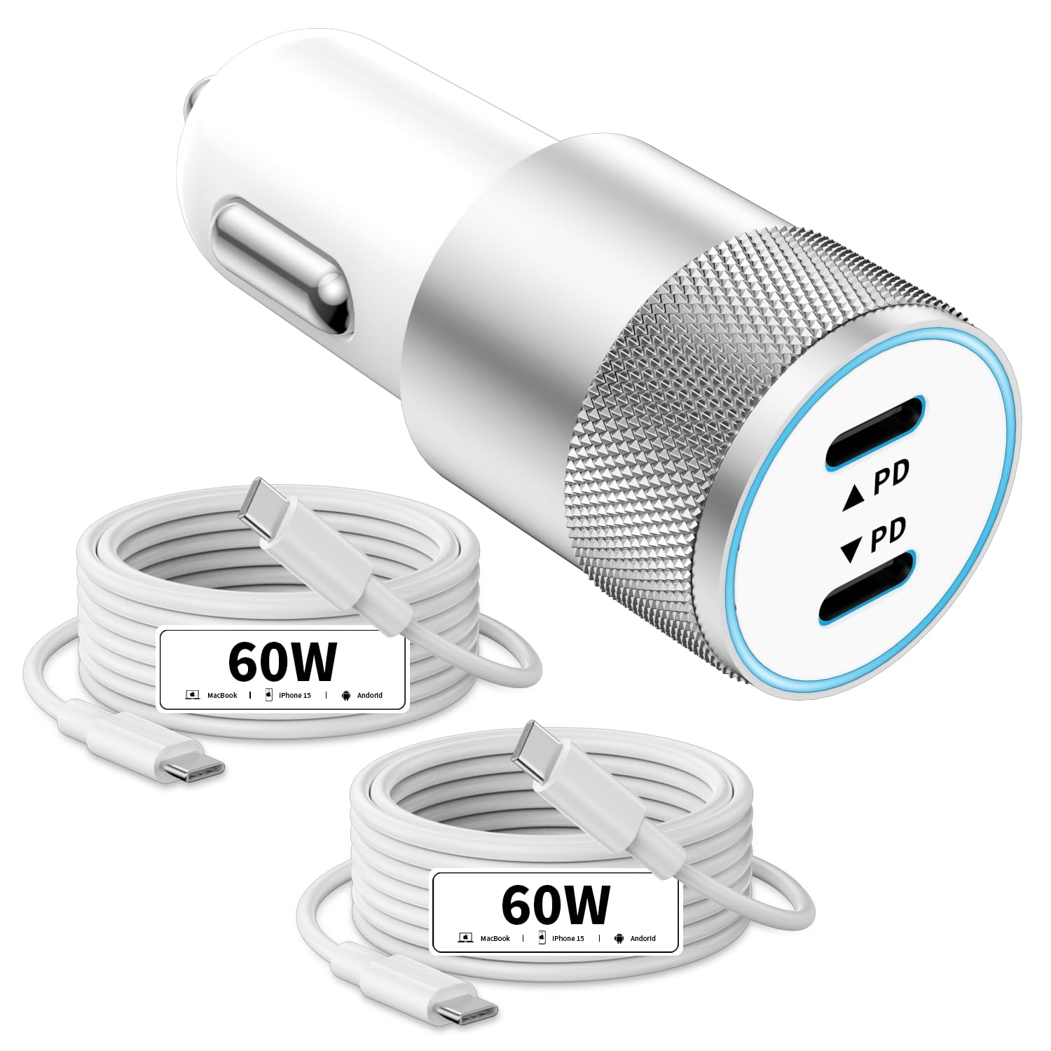 72W Dual USB C Car Charger for iPhone 16/15 Series, MacBook, iPad, Galaxy - Fast Charging Adapter with 2 USB C Cables - Perfect for Road Trips, Commuting & Travel Essentials (Gift for Men & Women)