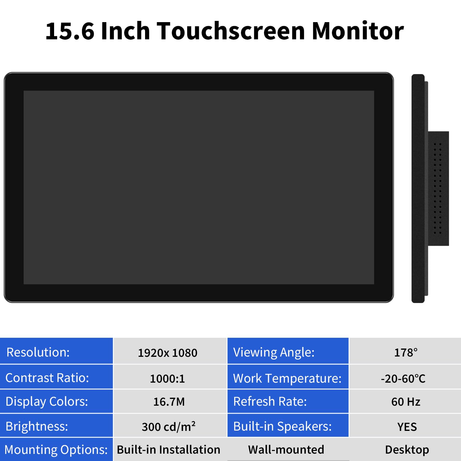 15.6 Inch Industrial Touch Screen Monitor - 10-Point Multi-Touch, 1920x1080 FHD, HDMI/VGA/USB, Built-in Speakers, VESA Mount - Perfect for POI/POS/Kiosk/Automation in Retail, Restaurants & Self-Service Terminals