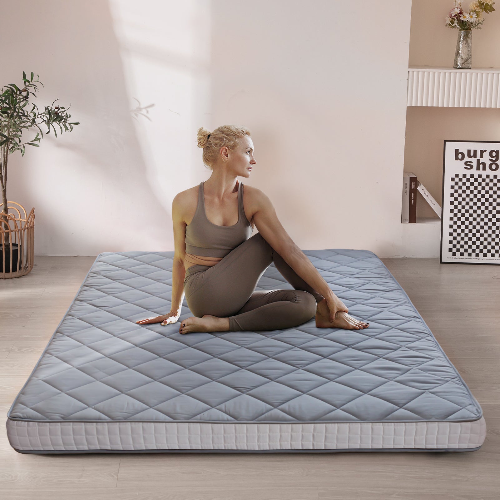 MAXYOYO 6-Inch Extra Thick Floor Futon Mattress - Diamond Quilting Design, Grey Memory Foam Mattress for Guest Bed, Dorm Room, or Living Room Floor Sleeping
