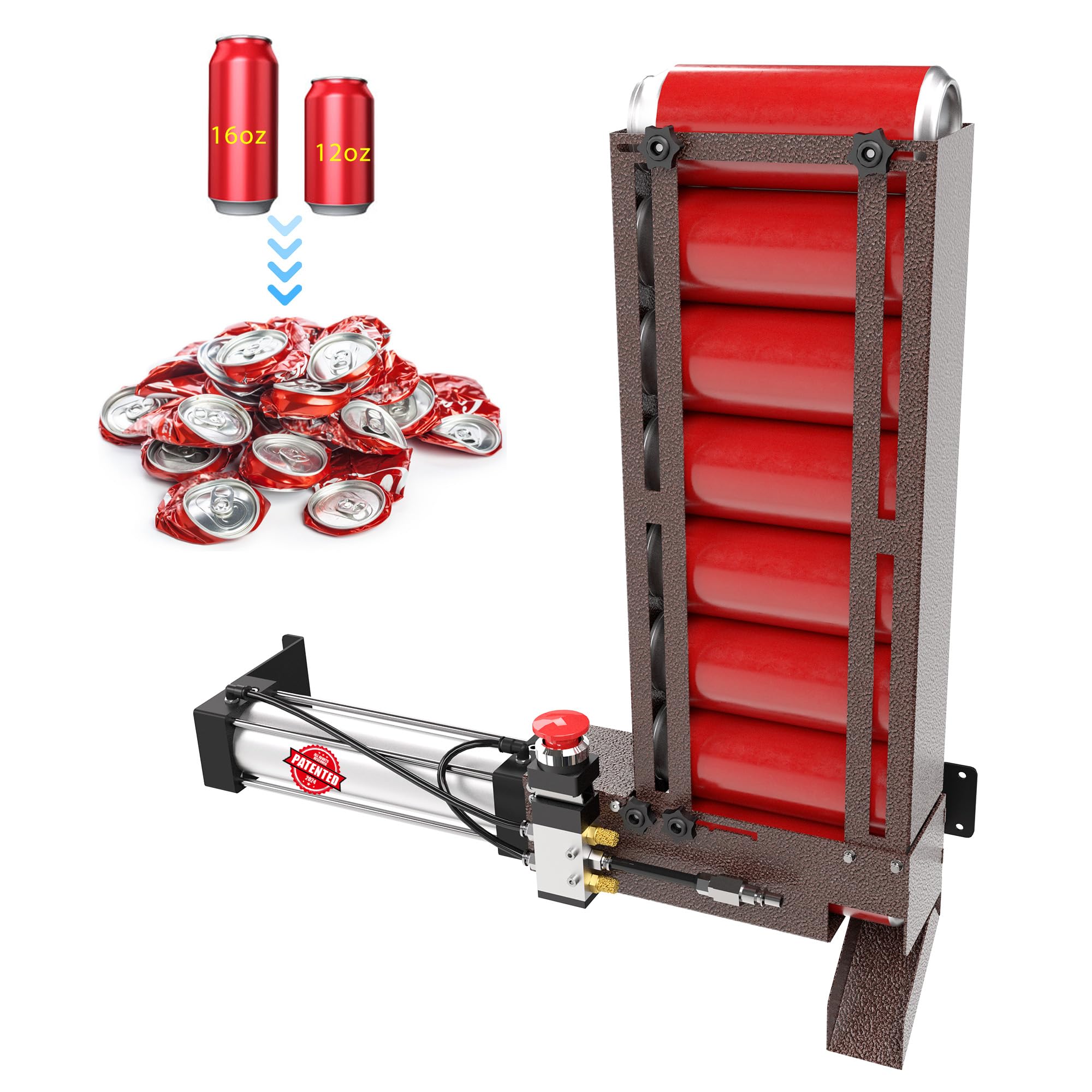 Heavy Duty Pneumatic Can Crusher with Hopper - Wall Mounted Air Powered Soda & Beer Can Smasher for 12oz & 16oz Cans (Bronze) - Perfect for Home Recycling, Bars, Restaurants, and Eco-Friendly Waste Management