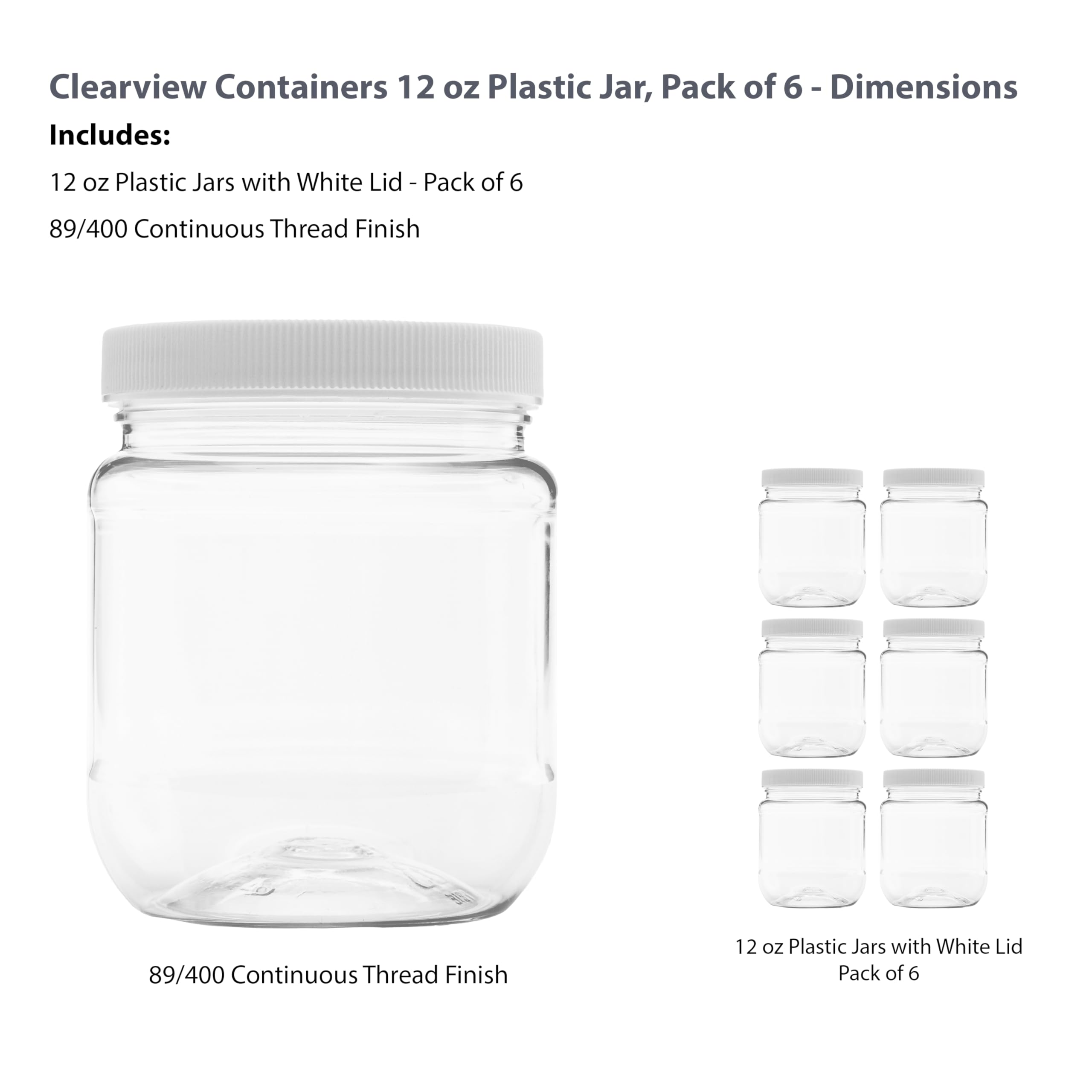 6 Pack 12oz Plastic Jars with Leak-Proof Lids - BPA Free, Food Grade Storage Containers for Spices, Sauces, and Meal Prep (1.5 Cup, 70RM Seal) - Perfect for Kitchen, Pantry & Travel Organization