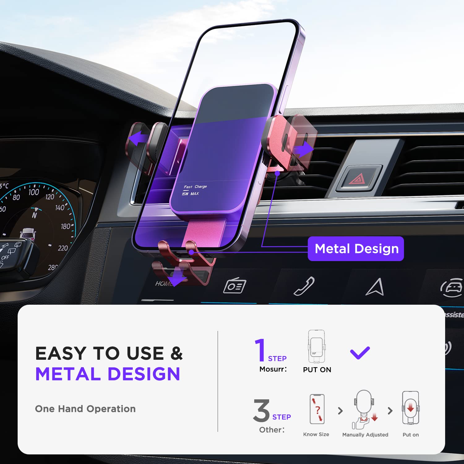 15W Fast Wireless Car Charger with Auto Clamping & 7-Color LED Backlight - Compatible with iPhone 14/13/12/11/X, Samsung Galaxy S23/S22/S21/S10/Note 20 - Perfect for Hands-Free Charging While Driving (Red)
