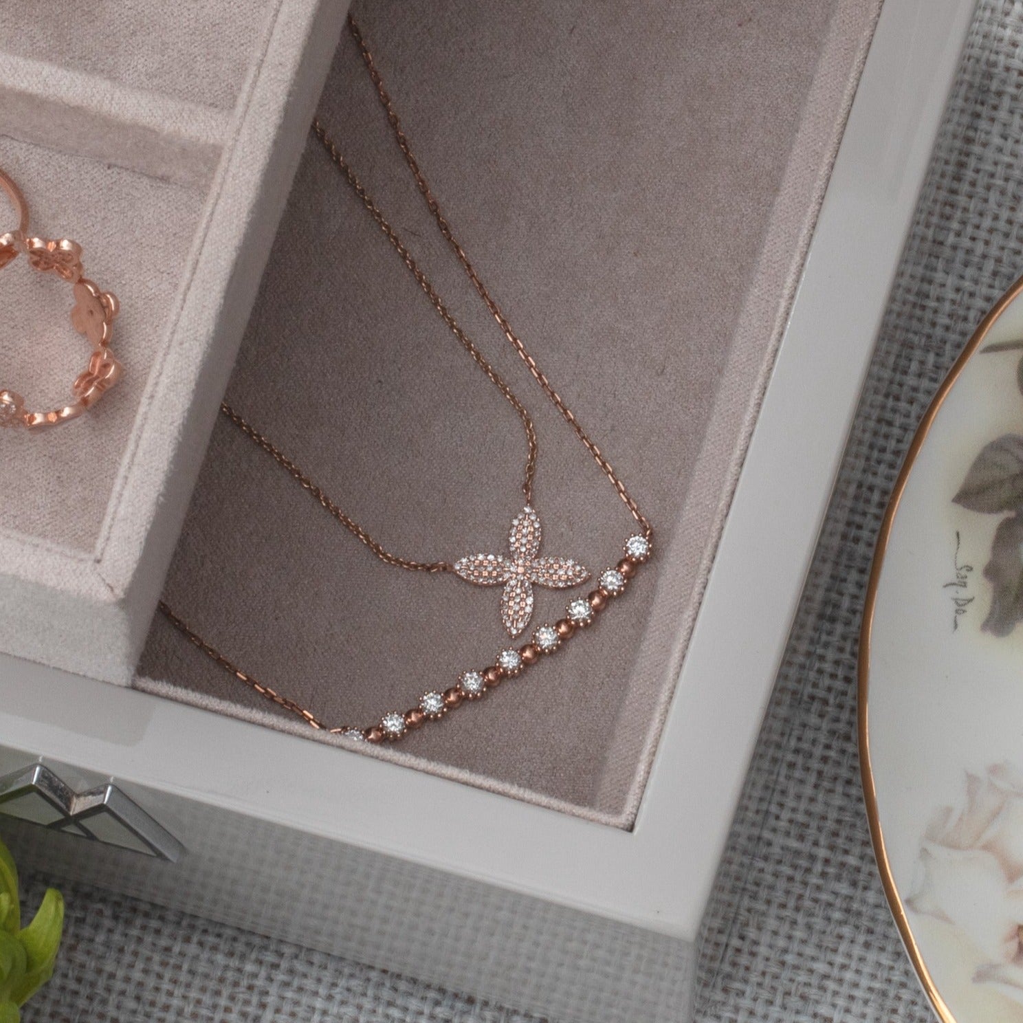 14K Rose Gold Diamond Pavé Flower Necklace - Four Petal Floral Pendant Jewelry for Women, Perfect Gift for Anniversary, Valentine's Day & Special Occasions