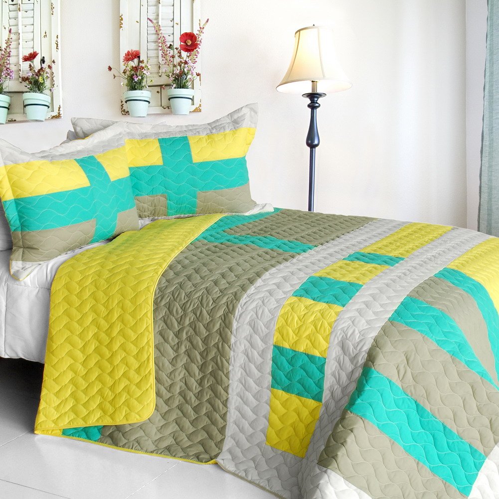 Vermicelli-Quilted Patchwork Geometric Quilt Set Full/Queen Size - Soft & Stylish Bedding for Cozy Nights - Perfect for Master Bedrooms, Guest Rooms & Dorm Decor