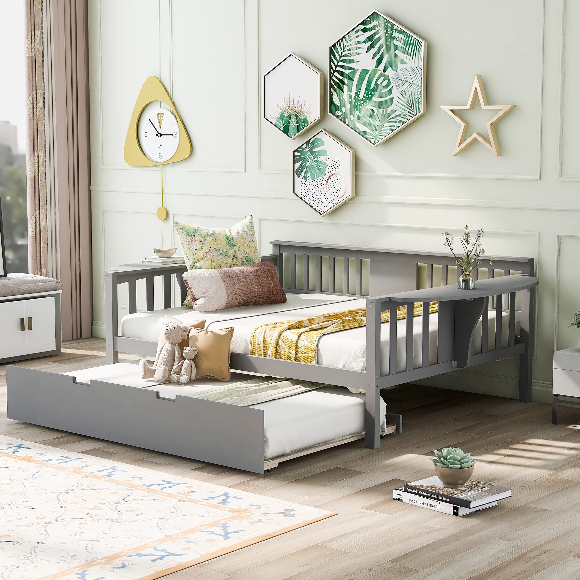 **Full Size Daybed with Trundle - Solid Wood Frame for Kids, Teens & Adults - No Box Spring Needed - Grey - Perfect for Guest Rooms, Dorms & Small Spaces**