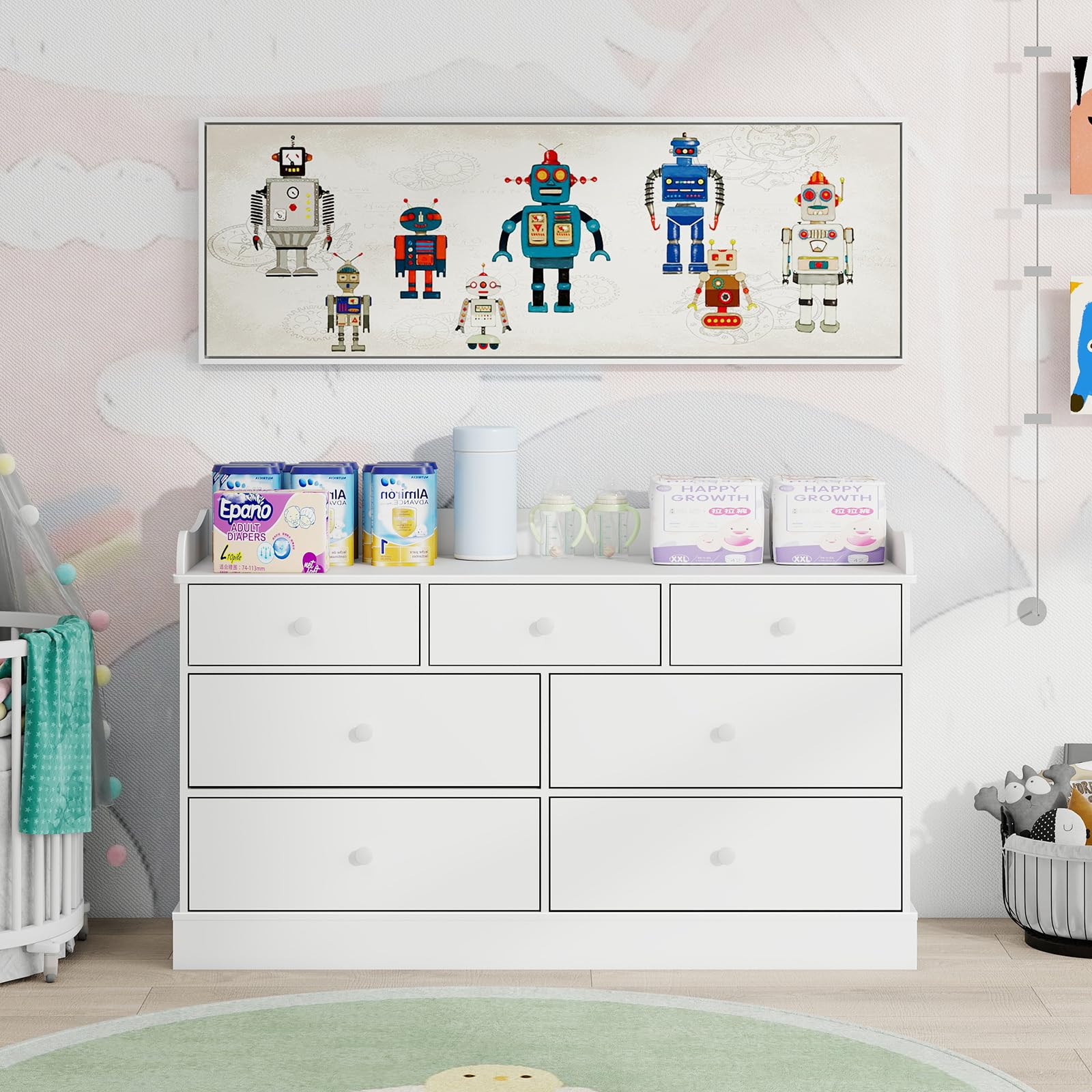 Vabches 7-Drawer Kids Dresser Organizer - White Nursery & Bedroom Storage Chest with Nightstand for Child’s Room | Perfect for Clothes, Toys & Room Organization