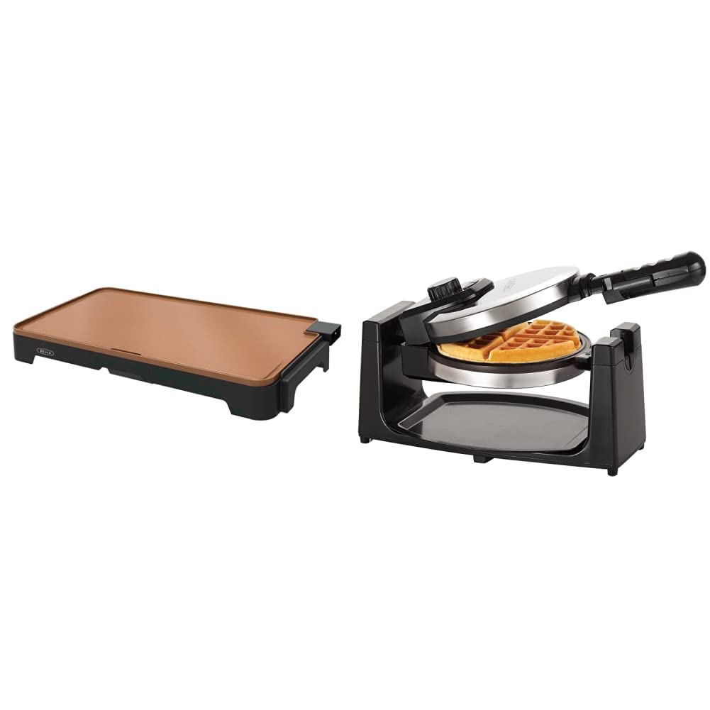 BELLA XL Electric Ceramic Titanium Griddle and Belgian Waffle Maker Bundle - Large 15-Egg Capacity Non-Stick Cooktop with Rotating Function | Perfect for Family Breakfast, Brunch Parties & Holiday Cooking