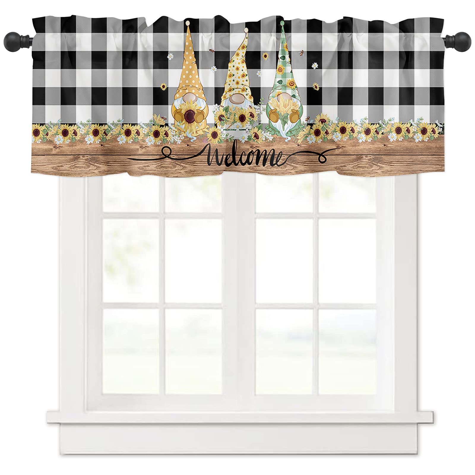 ALAGEO Farmhouse Sunflower Gnome Kitchen Valances - Black Plaid Window Treatment with Rod Pocket, 1 Panel 54x18 Inch - Perfect for Kitchen, Living Room & Bedroom Decor | Rustic Home Accents & Cozy Window Toppers