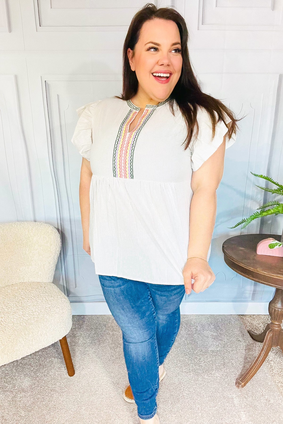 Haptics Weekend Ready Taupe Embroidered Notched Neck Babydoll Top - Women's Casual Boho Blouse for Brunch, Date Night & Summer Outings