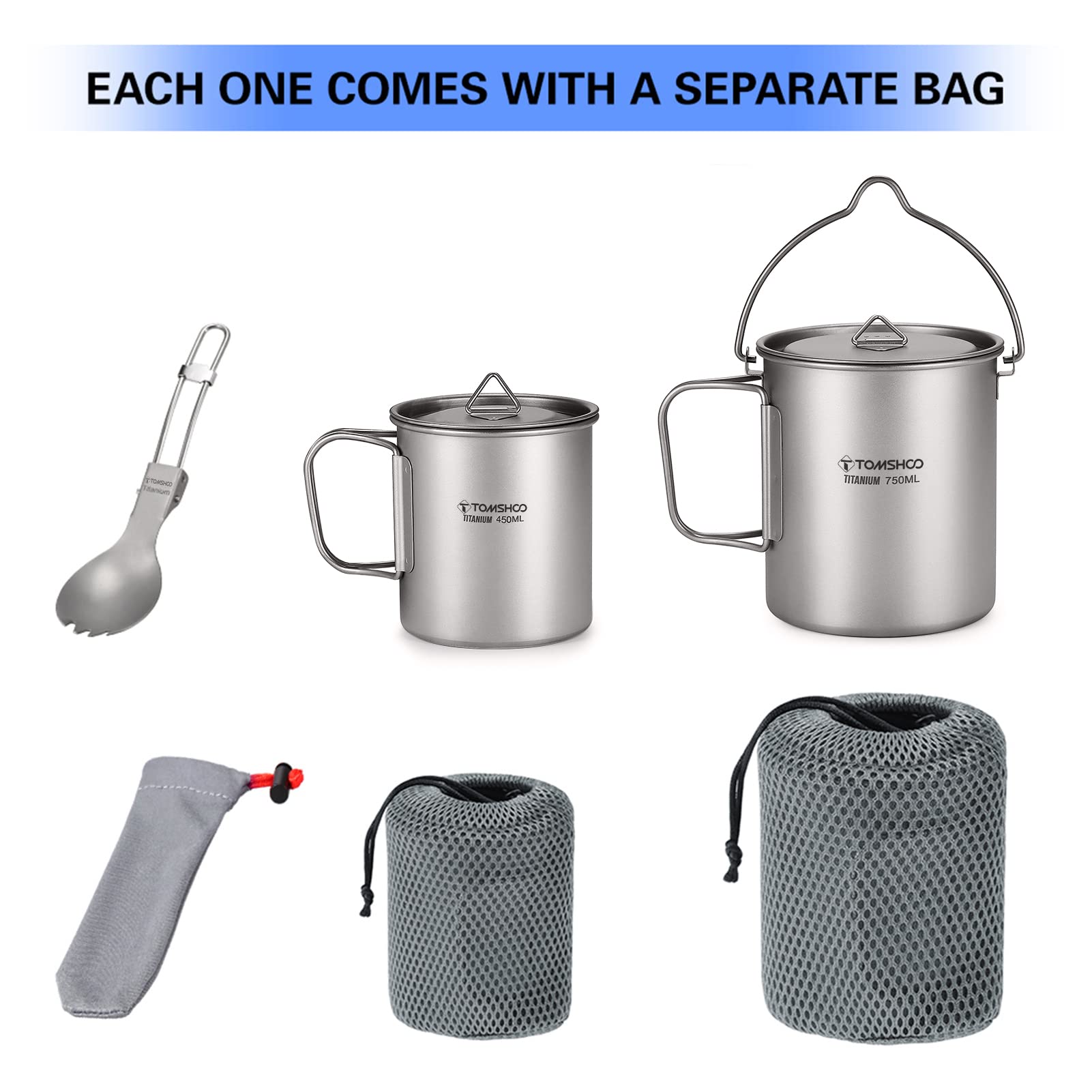TOMSHOO Titanium Camping Pot with Lid - Lightweight Outdoor Coffee Mug, Foldable Handle for Backpacking, Hiking & Travel - Perfect for Campfire Cooking & Outdoor Adventures