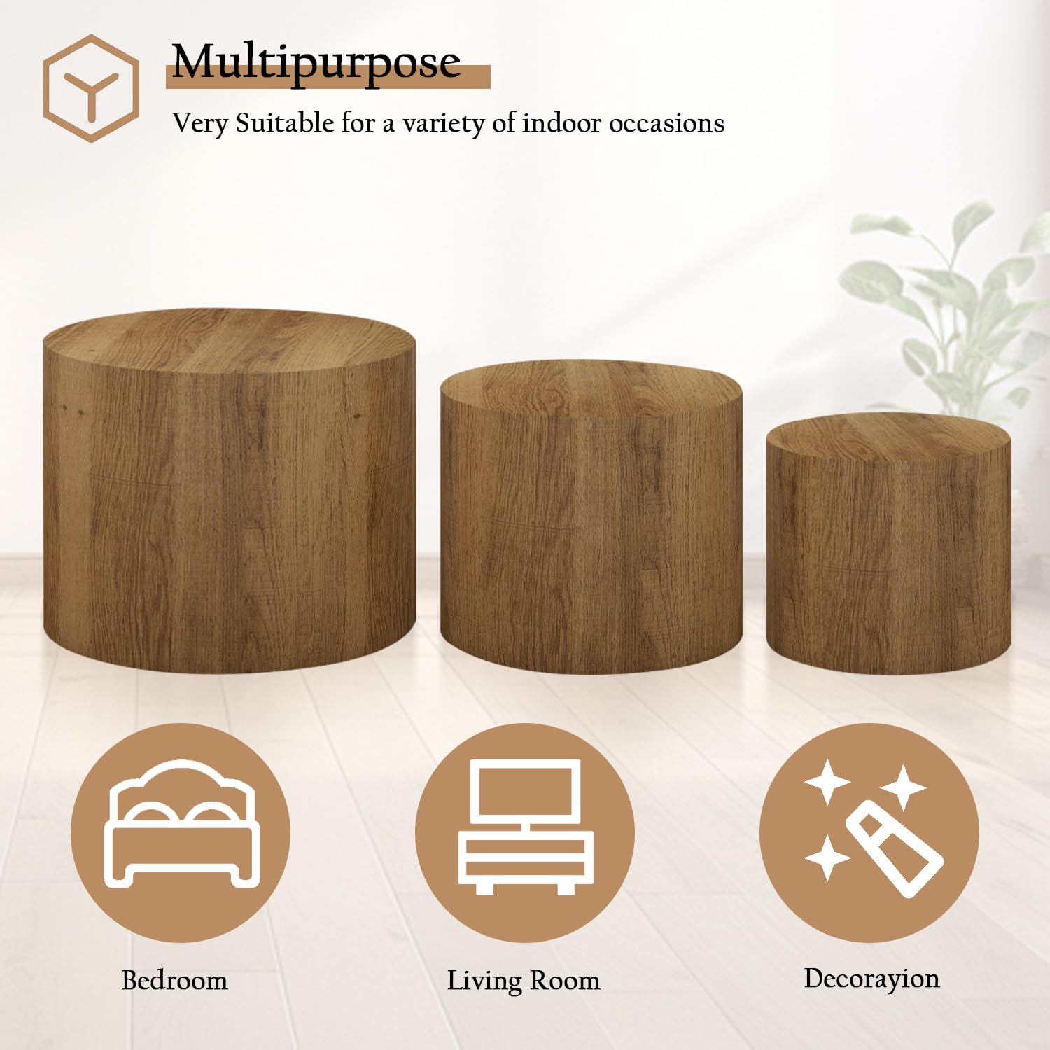 Vikiullf 3-Piece Round Wooden Nesting Coffee Table Set - Modern Space-Saving Design for Living Room, Bedroom & Office - No Assembly Required Accent Side Tables & End Tables - Perfect for Small Spaces, Apartments & Home Decor