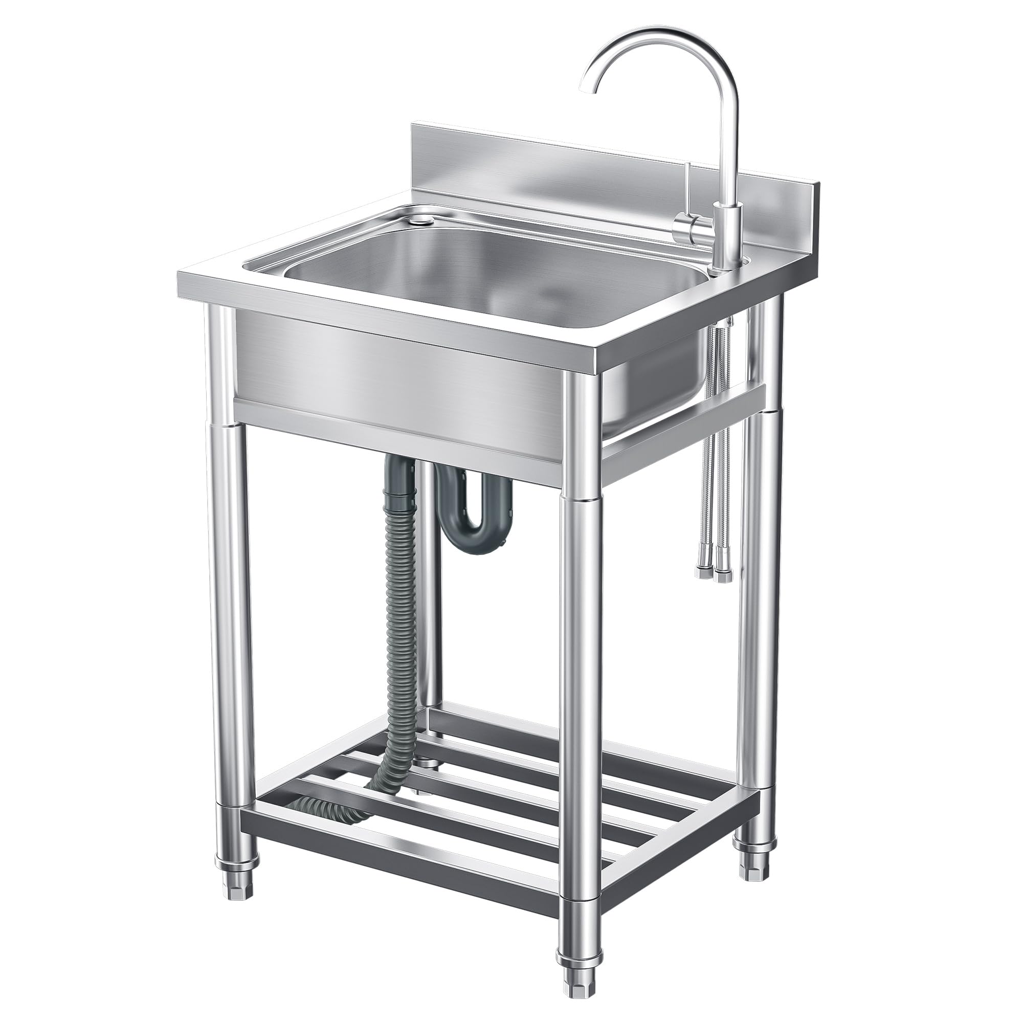 Stainless Steel Utility Sink - Free Standing Single Bowl Kitchen Sink with Hot & Cold Water Pipes | Portable Laundry Sink with Storage Shelf | Indoor & Outdoor Use (21.6 Inch) | Perfect for Basements, Garages, RV Camping & Backyard Washing