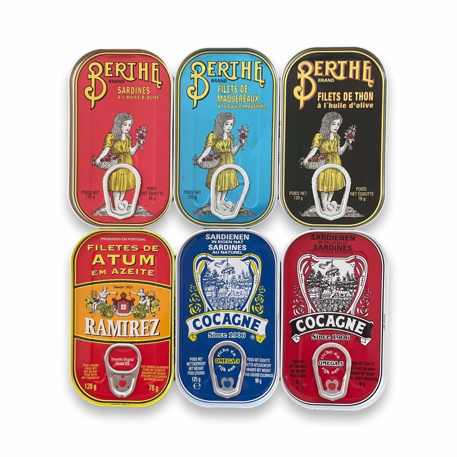 Premium Portuguese Canned Seafood Variety Pack - Sardines, Mackerel & Tuna - 6-Piece Gourmet Selection (Berthe & Cocagne Brands) - Perfect for Picnics, Charcuterie Boards & Pantry Staples