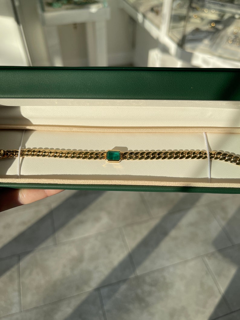 2.80ct 14K Gold East-West Emerald Cut Cuban Link Bracelet for Men - Natural Solitaire Flat Curb Chain - Perfect for Weddings, Gifts & Formal Occasions