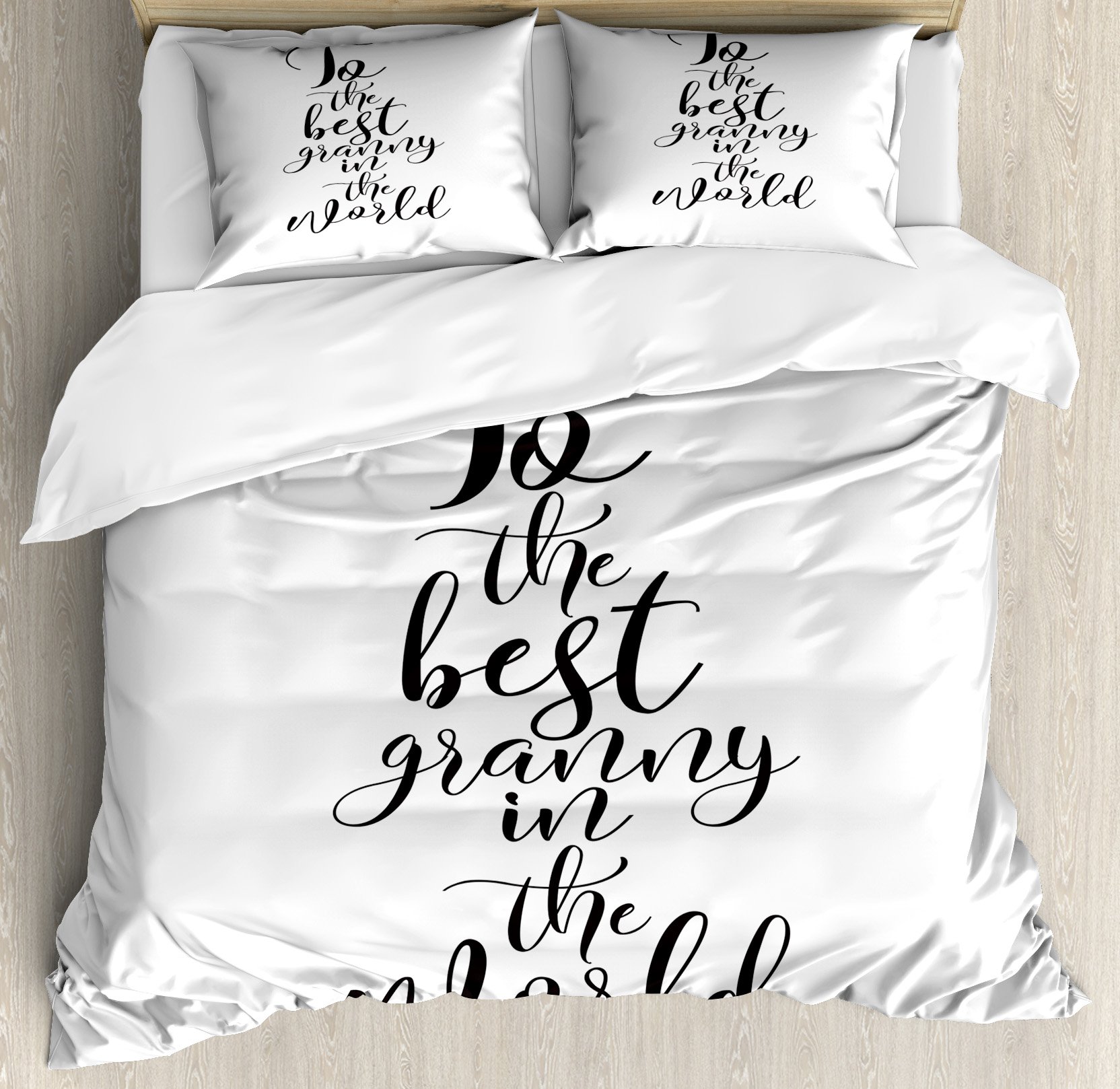 Ambesonne Grandma Duvet Cover Set - 'World's Best Grandmother' Monochrome Hand Lettering Design, 3-Piece King Size Bedding with 2 Pillow Shams in Black & White | Perfect Gift for Mother's Day, Birthday & Grandparent Appreciation