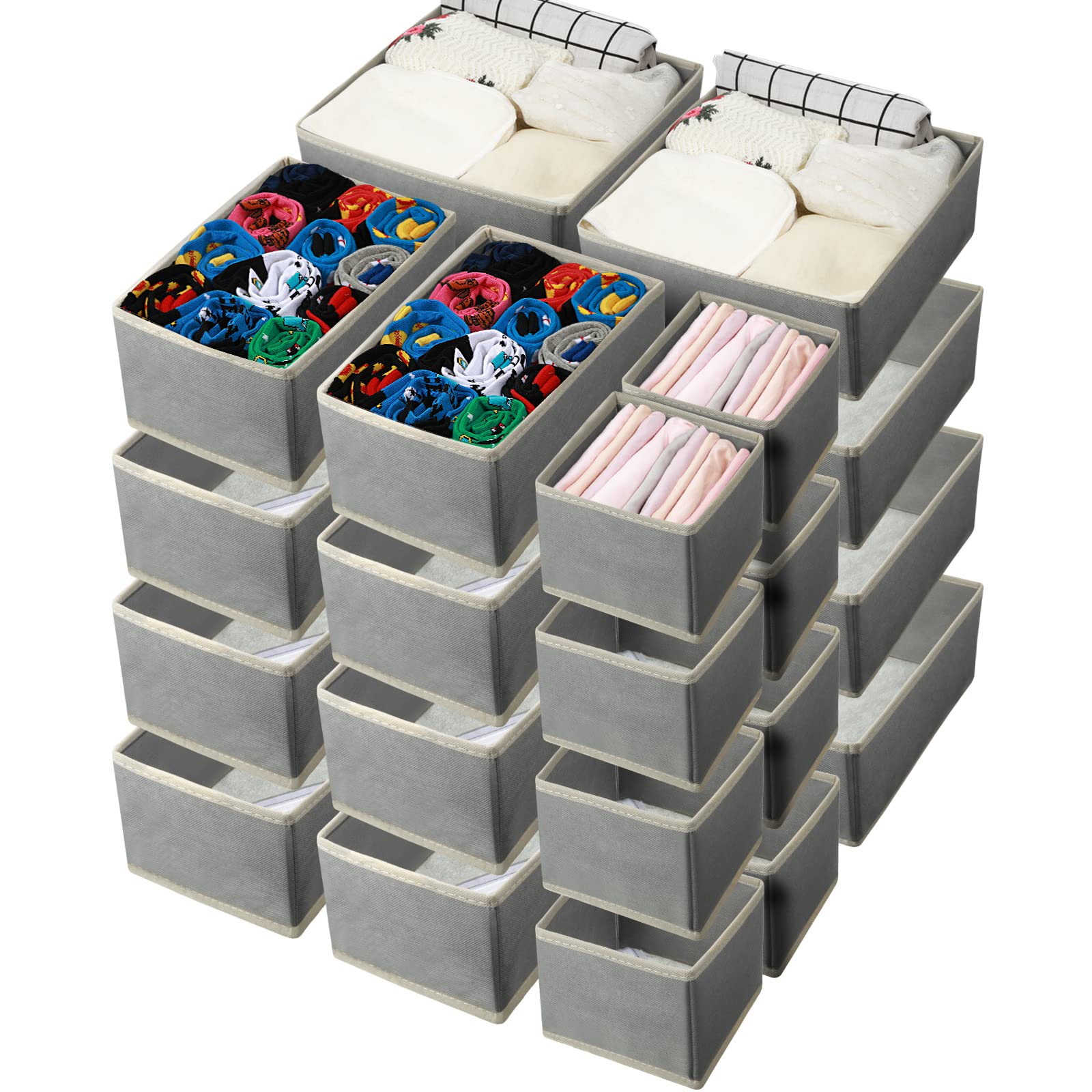 24-Piece Foldable Fabric Dresser Drawer Organizers Set - Gray Storage Bins & Dividers for Bras, Socks, Underwear | Nursery, Closet & Bedroom Organization Solution | Space-Saving Wardrobe Storage Boxes