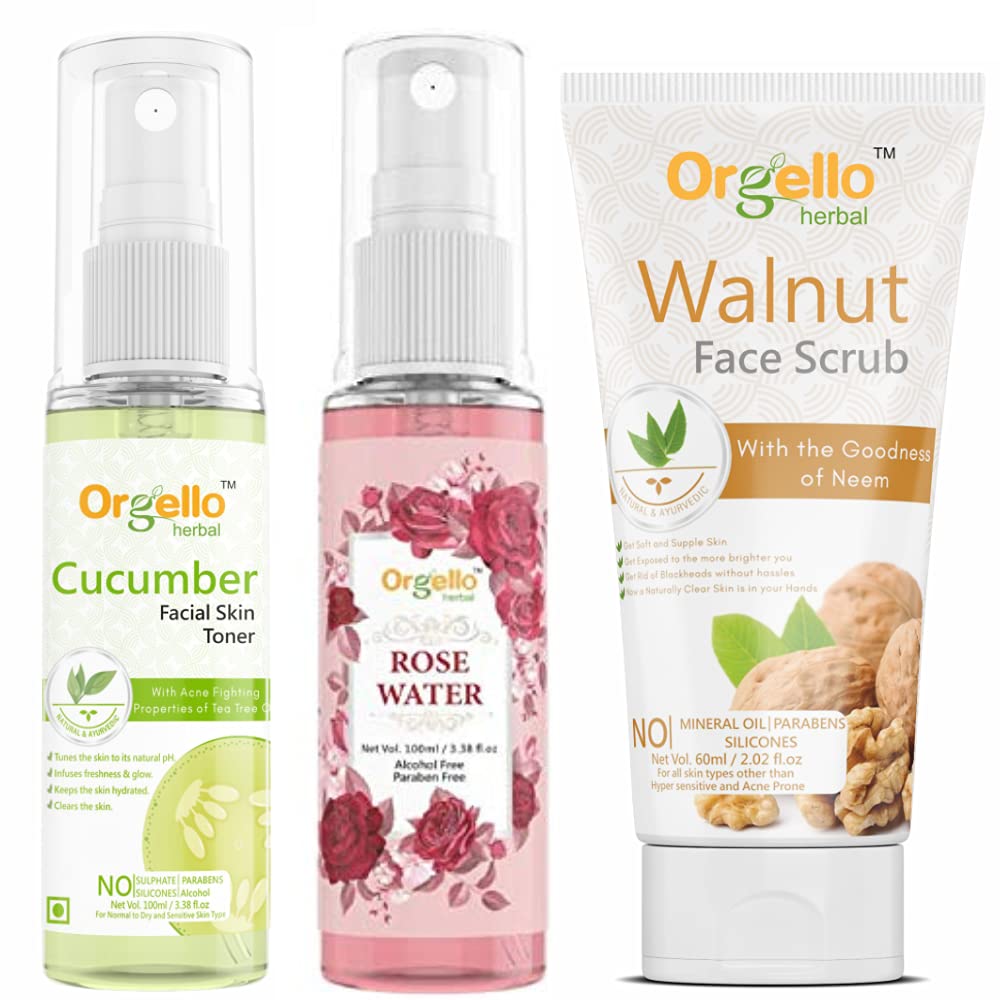 **Orgello Herbal Cucumber Toner Mist & Rose Water Spray for Face (100g Each) + Walnut Scrub for Men & Women (60g) – 3-Piece Skincare Set – Hydrate, Refresh & Exfoliate for Glowing Skin**    *(Perfect for Daily Skincare Routine, Travel Essentials, or Spa Day at Home!)*