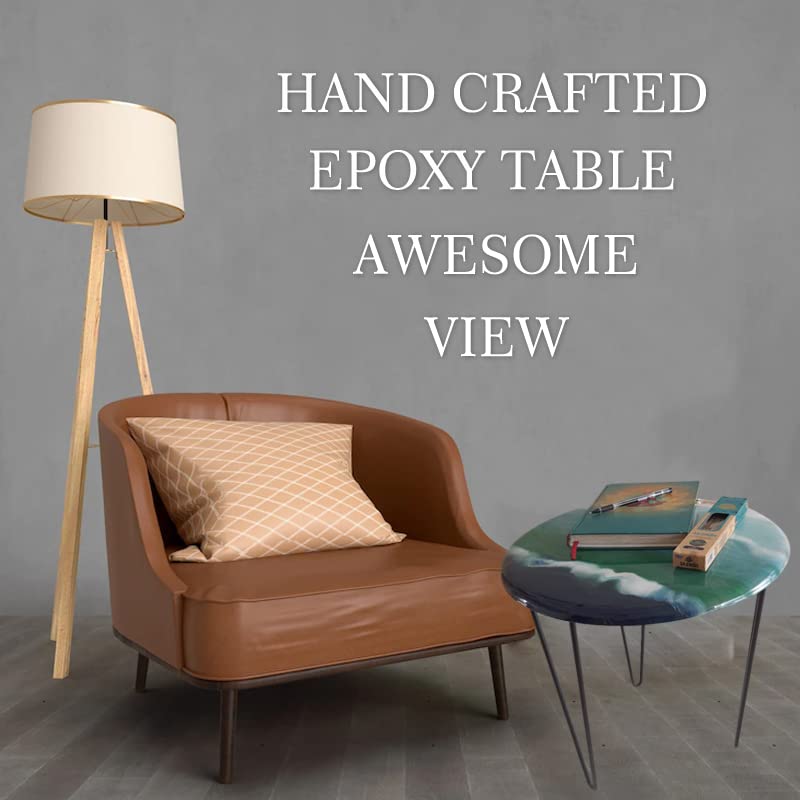 Handmade Epoxy Resin River Table with Wood & Turquoise - Modern Round Dining Table with Iron Legs - Glossy Finish for Living Room, Office, or Restaurant Decor