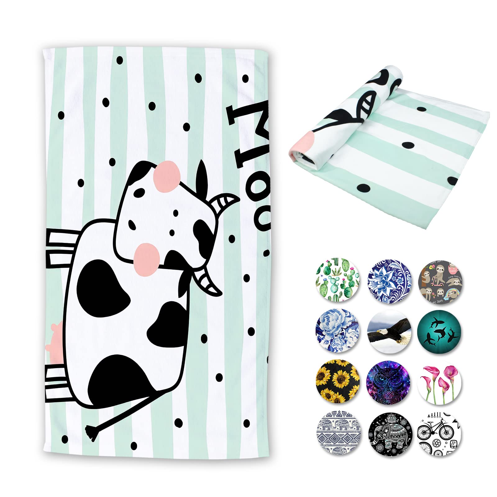 LAWLZ Black and White Cow Print Microfiber Bath Towel - Super Soft 32x52 Inch Large Beach Towel for Pool, Spa, Yoga & Travel
