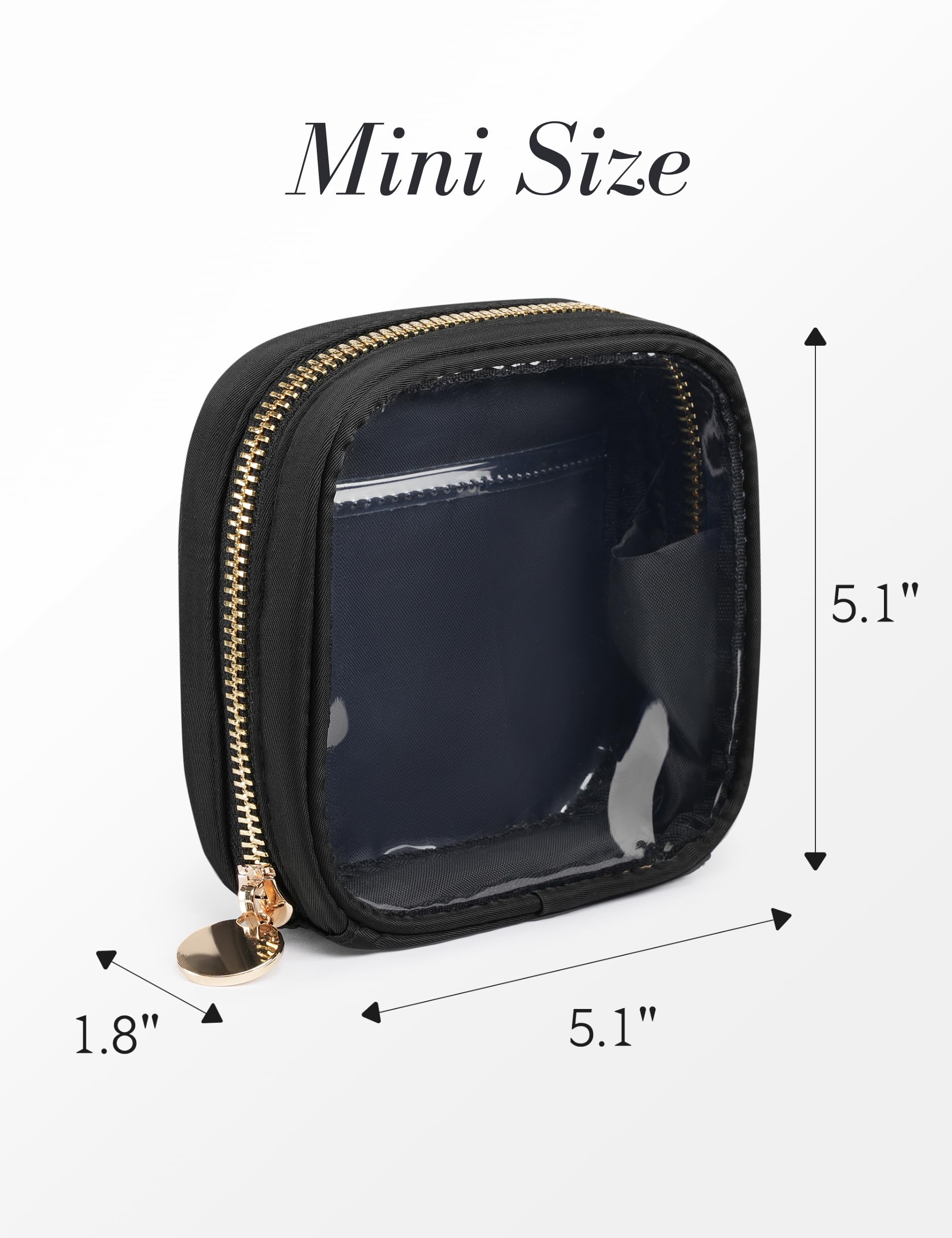 Clear Cosmetic Bag Mini Makeup Pouch - Transparent Toiletry Travel Organizer with Interior Pocket & Carabiner Clip - Small Waterproof Makeup Case for Travel, Gym, Beach Essentials (Mini, Black)