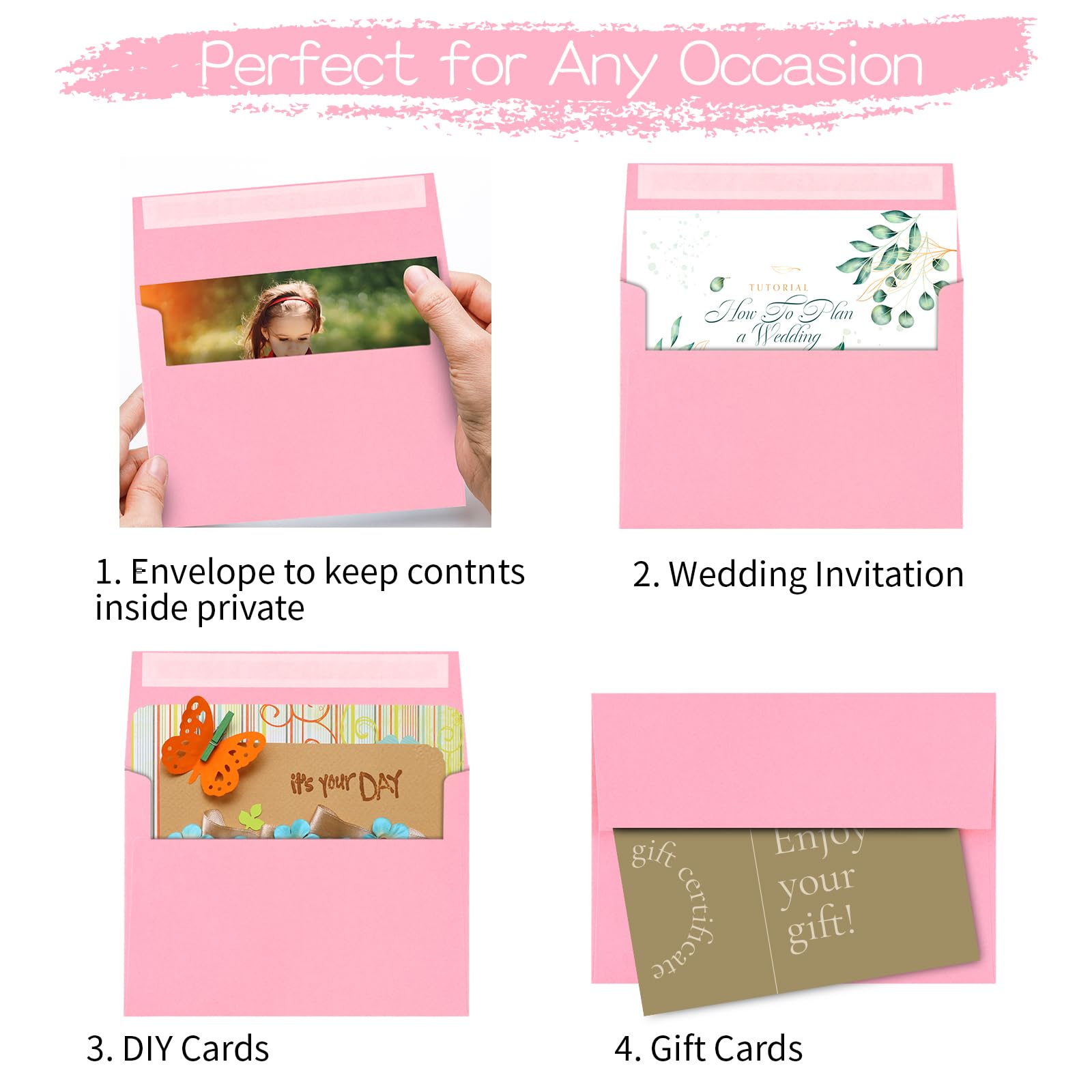 AZAZA 50 Pack A2 Envelopes 4.37x5.75 Inches - Pink Self Seal Printable Invitation Envelopes for Wedding, Baby Shower, Greeting Cards & Stationery - Perfect for DIY Crafts, Mailing & Special Occasions