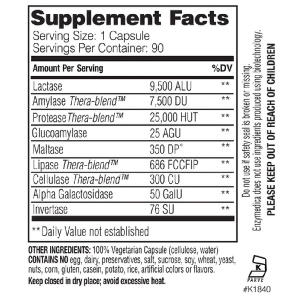 Enzymedica Lacto Digestive Enzyme Supplement - 90 Capsules for Lactose Intolerance Relief | Supports Healthy Digestion for Dairy Products | Perfect for Post-Meal Comfort & Travel