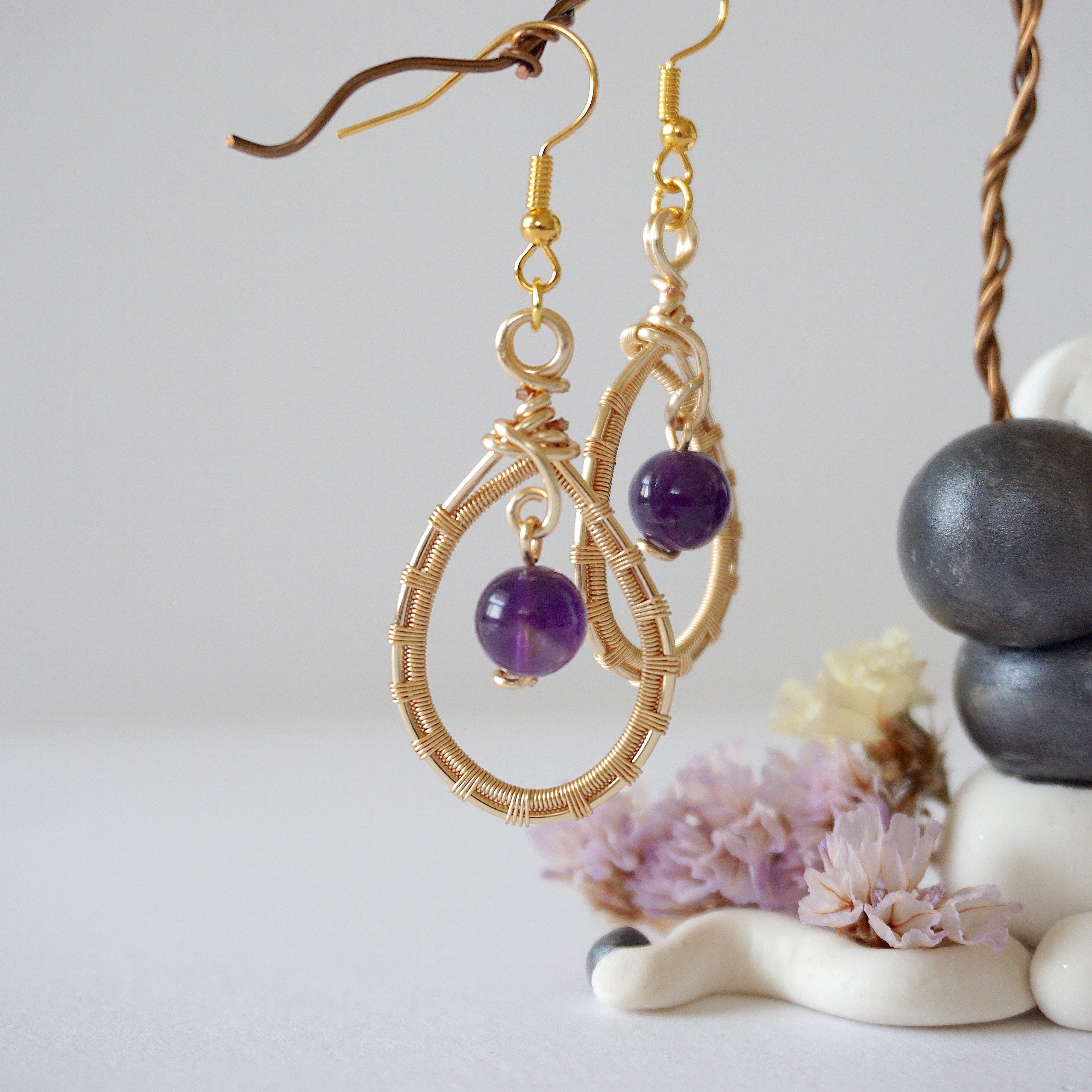 Amethyst Round Wire Earrings - Gold Plated Dangle Earrings for Women | Elegant Jewelry Gift for Birthday, Wedding & Party | Hypoallergenic & Tarnish-Free