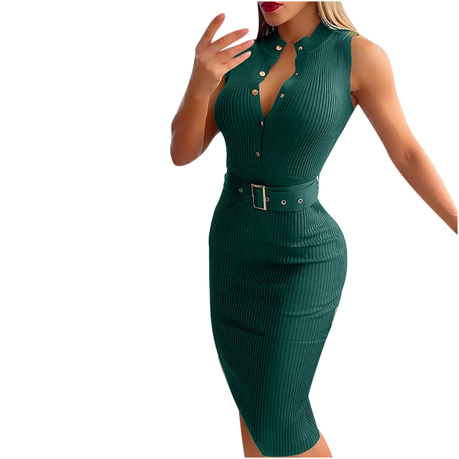 LAWOR Women's Casual Sleeveless Solid Round Neck Dress with Waist Belt - Summer Single Breasted Midi Dress for Office, Party & Vacation | Trendy 2022 Fashion