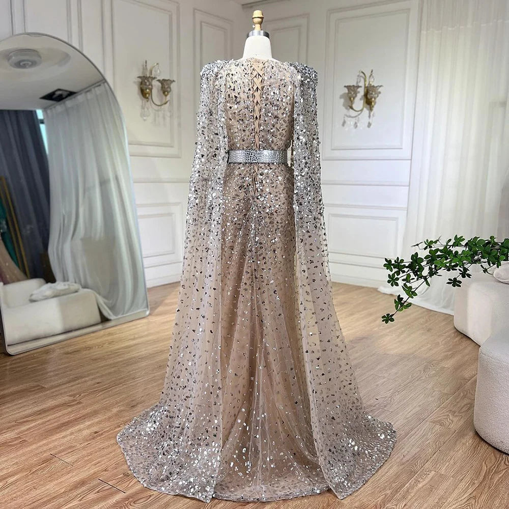 Serene Hill Nude Mermaid Evening Gown with Luxury Cape Sleeves - Beaded Elegant Backless Dress for Women's Party 2025 LA71561 | Perfect for Prom, Gala, Red Carpet & Formal Events