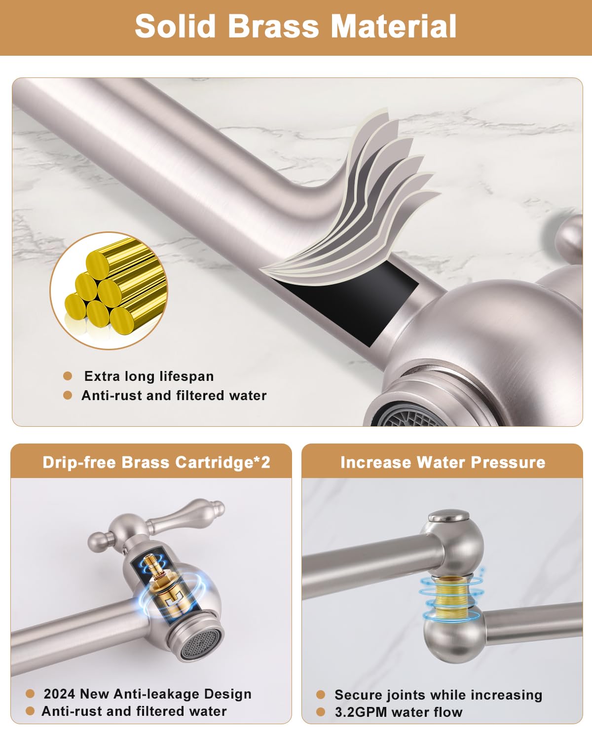 Brass Pot Filler Faucet - Brushed Nickel Wall Mount Commercial Kitchen Faucet with Double Joint Swing Arms for Stove - Perfect for Home & Restaurant Cooking, Soup Making, Pasta Preparation