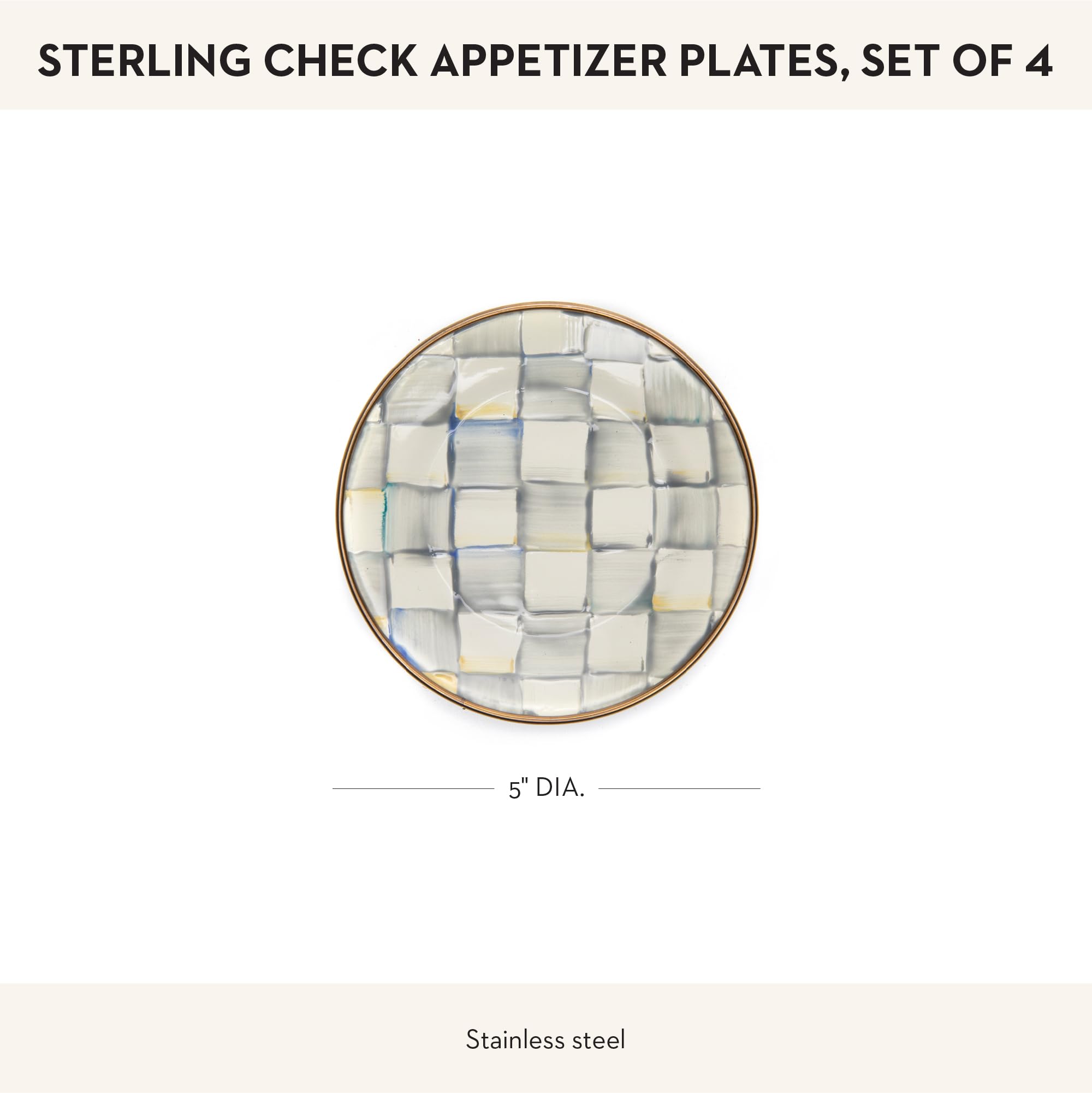 MACKENZIE-CHILDS 4-Piece Enamel Appetizer Plates Set - 5 Inch Mini Dessert Plates in Elegant Gray & White Sterling Check Pattern - Perfect for Parties, Afternoon Tea, and Small Bite Serving