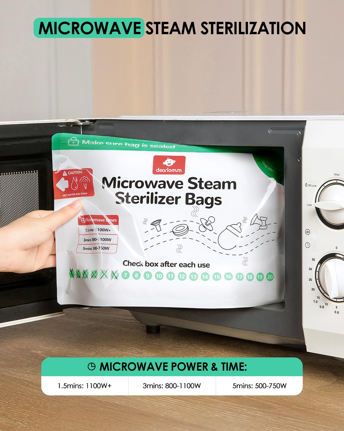 Dearlomum Reusable Microwave Steam Sterilizer Bags - 15 Count (20 Uses Per Bag) for Baby Bottles, Pacifiers & Breast Pump Accessories | Travel-Friendly Sterilization Pouches | Perfect for Daycare, Travel & Home Use