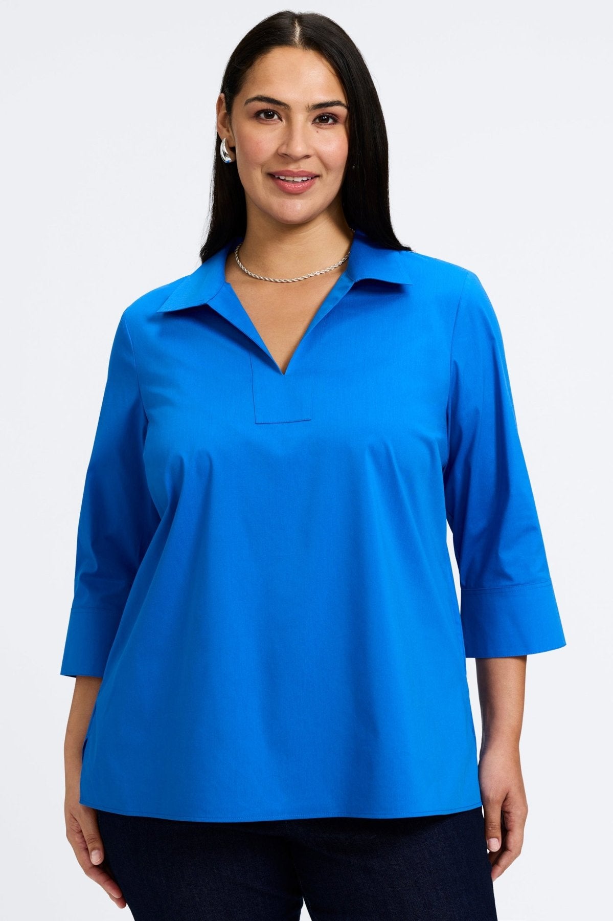 Julia Plus No Iron Stretch Cotton 3/4 Sleeve Popover Shirt for Women - Wrinkle-Free Comfort Top for Office & Casual Wear