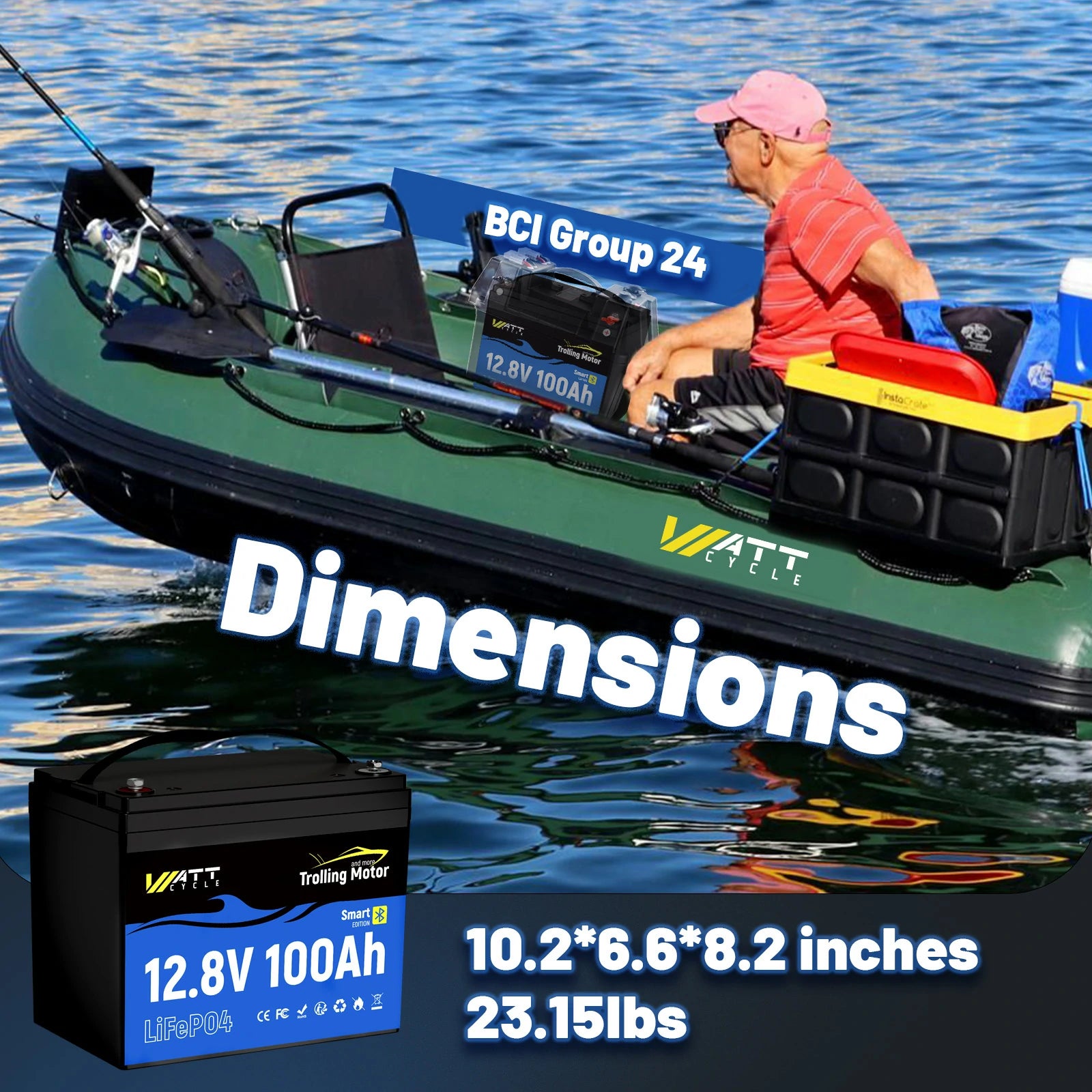 24V 100Ah LiFePO4 Deep Cycle Battery for Trolling Motors - Rechargeable Lithium Iron Phosphate Marine Battery with Built-in BMS - Perfect for Kayak Fishing, Boat Trolling, and RV Power Supply