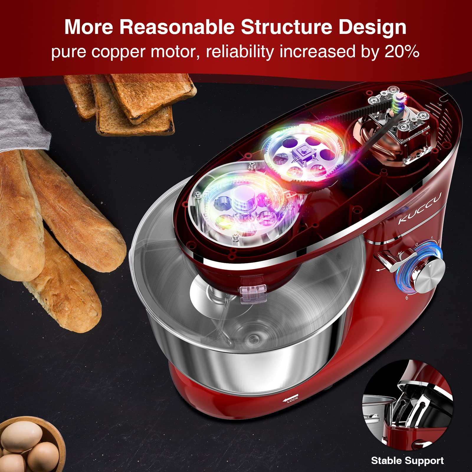 6.5 Qt 660W Stand Mixer - 6-Speed Tilt-Head Electric Kitchen Mixer with Stainless Steel Bowl, Dough Hook, Whisk & Beater - Perfect for Baking Cakes, Cookies, Bread & Whipping Cream (Red)