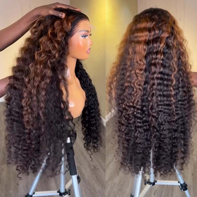 Eullair Honey Blonde Highlights Deep Curly Human Hair Lace Front Wig - Pre Plucked Glueless HD Lace Wigs for Black Women | Natural Look for Daily Wear, Parties & Special Occasions