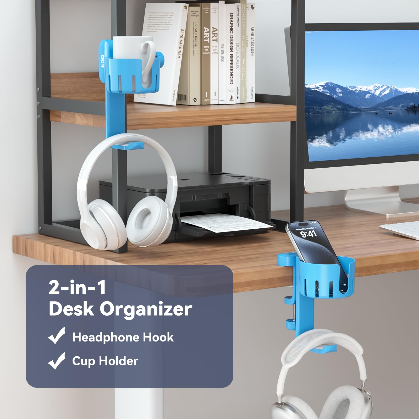 KDD 2-in-1 Rotatable Under Desk Headphone Hanger with Cup Holder - Space Saving Desk Organizer for Headset & Coffee Mug/Water Bottle (Blue) - Perfect for Home Office, Gaming Setup & Workspace Organization