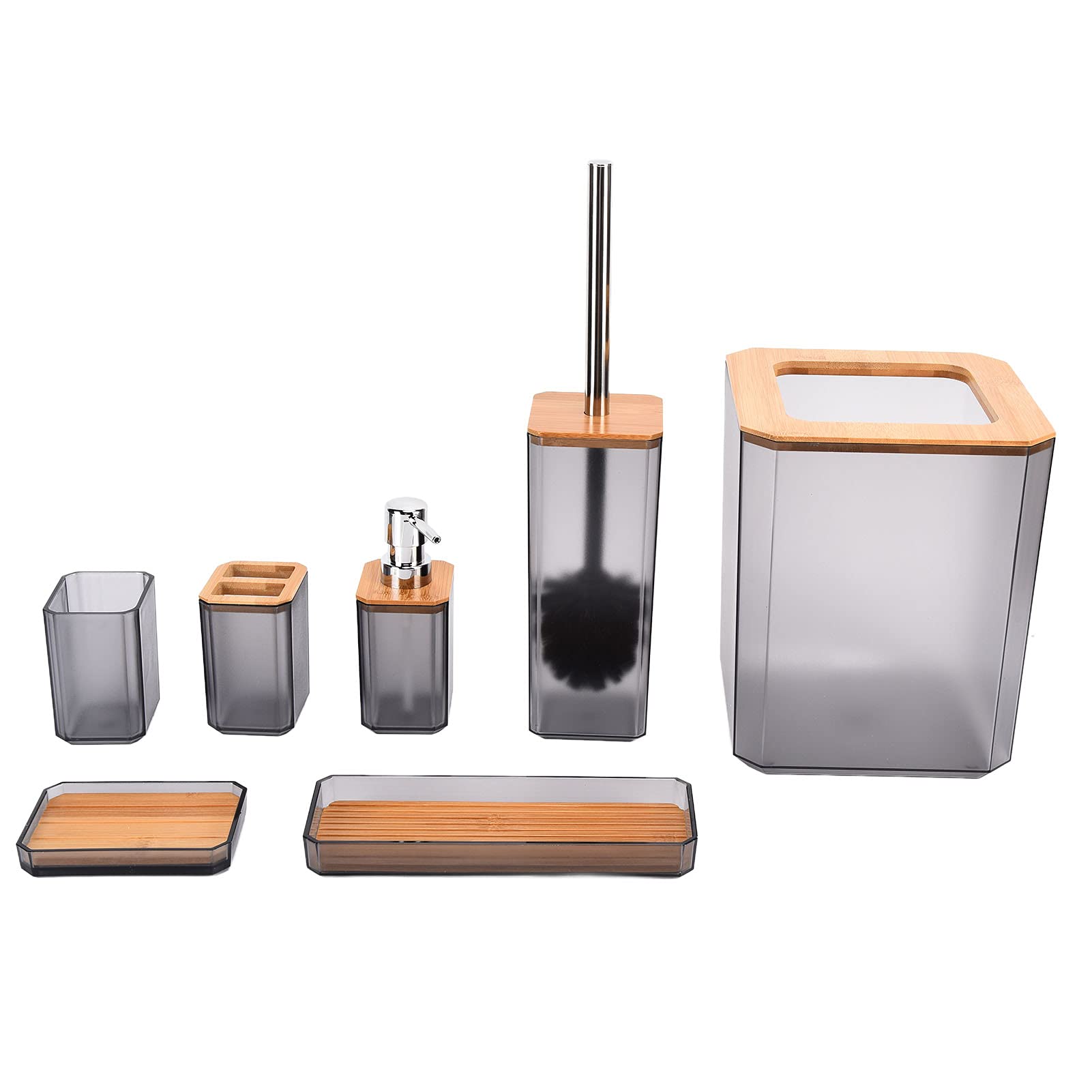 7Pcs Bamboo Bathroom Set - Soap Box, Toilet Brush & More for Home & Hotel Use
