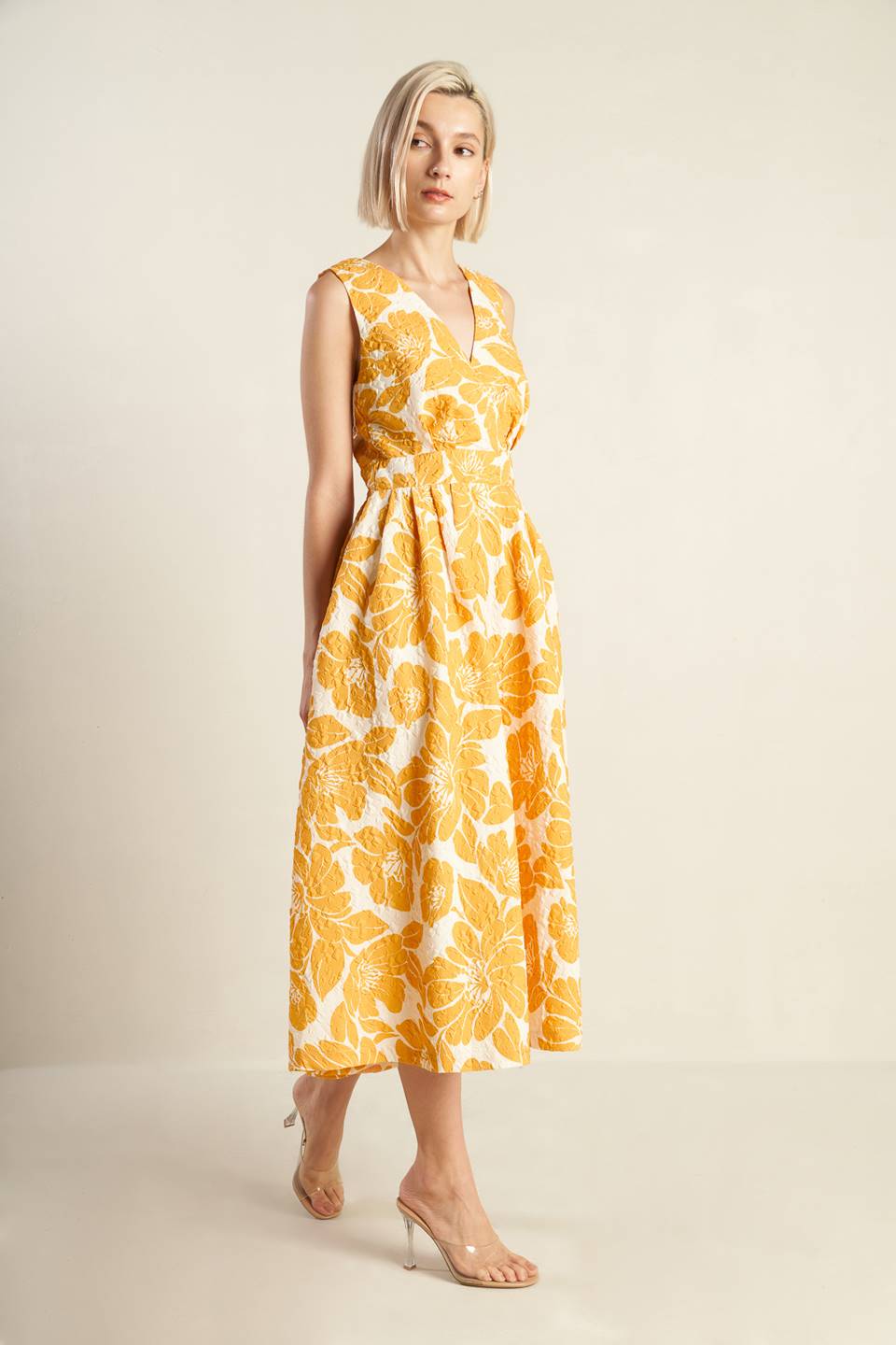 Bold Blooms Mustard Midi Dress - Floral Print Women's Dress for Casual Outings & Summer Parties