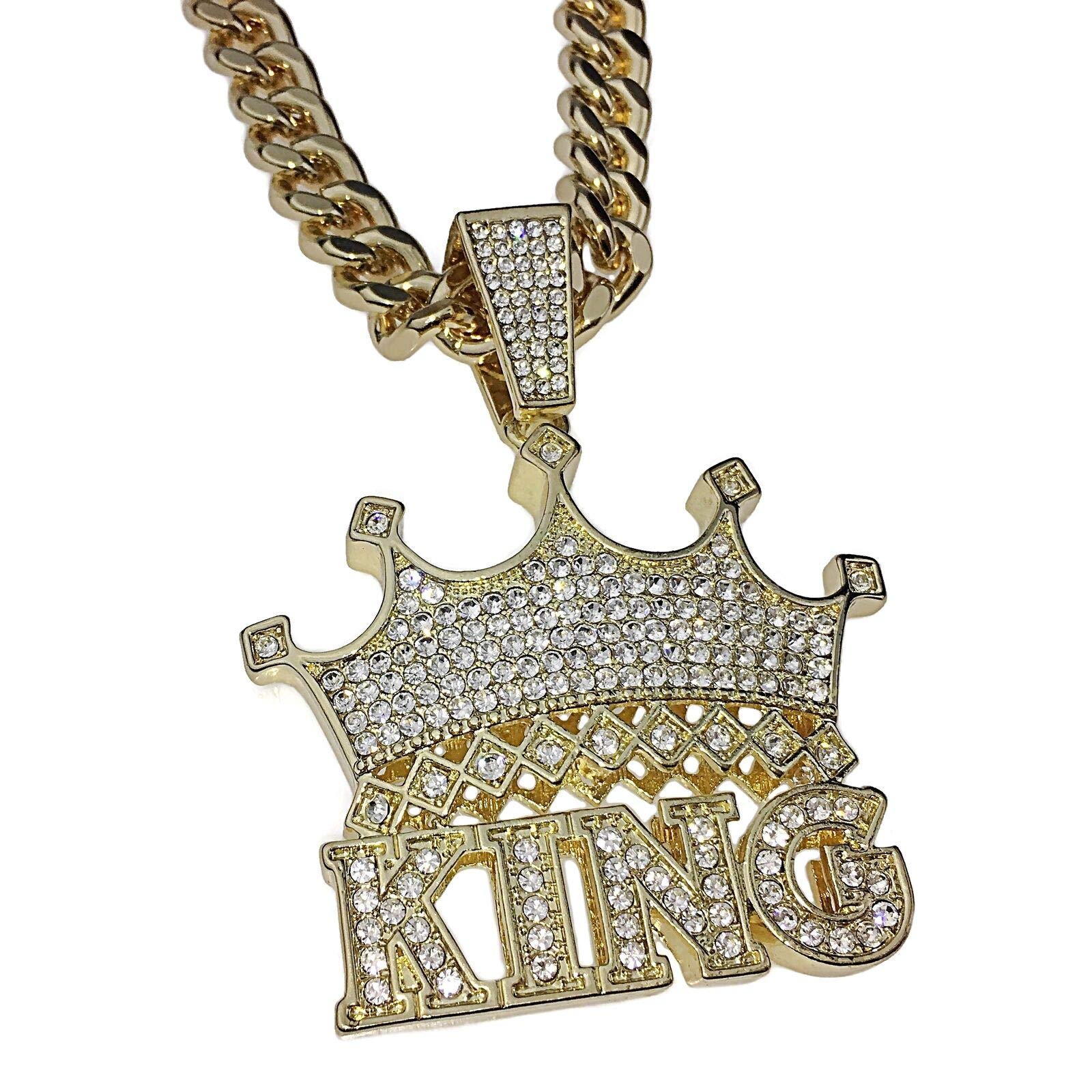 Men's Hip Hop Gold Plated Iced Out Crown King Pendant with 10mm 30 Inch Cuban Link Chain - Bling Statement Necklace for Rappers, Streetwear Fashion & Gift Giving