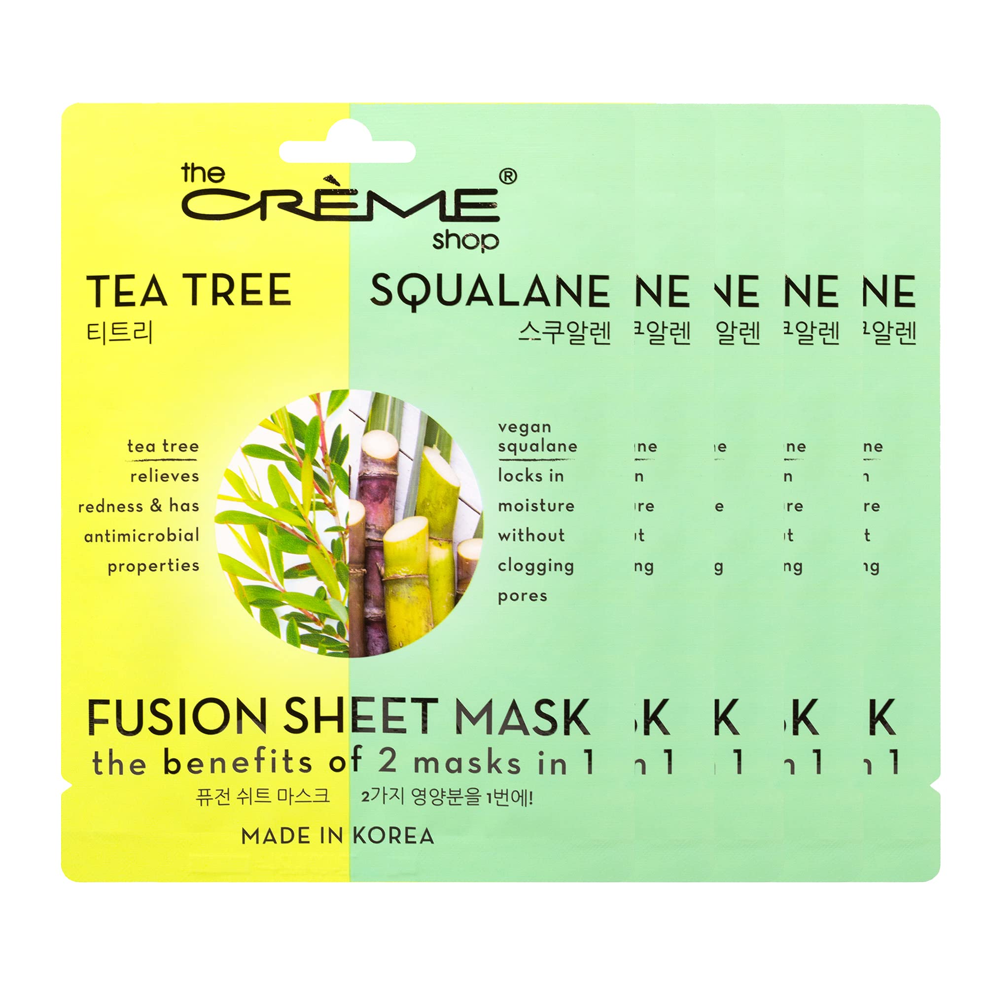 The Crème Shop Tea Tree & Squalane Fusion Sheet Mask - Korean Skincare for Acne-Prone Skin, Vegan Squalane & Hyaluronic Acid Hydrating Face Mask (5 Pack) - Perfect for Deep Cleansing & Soothing Breakouts