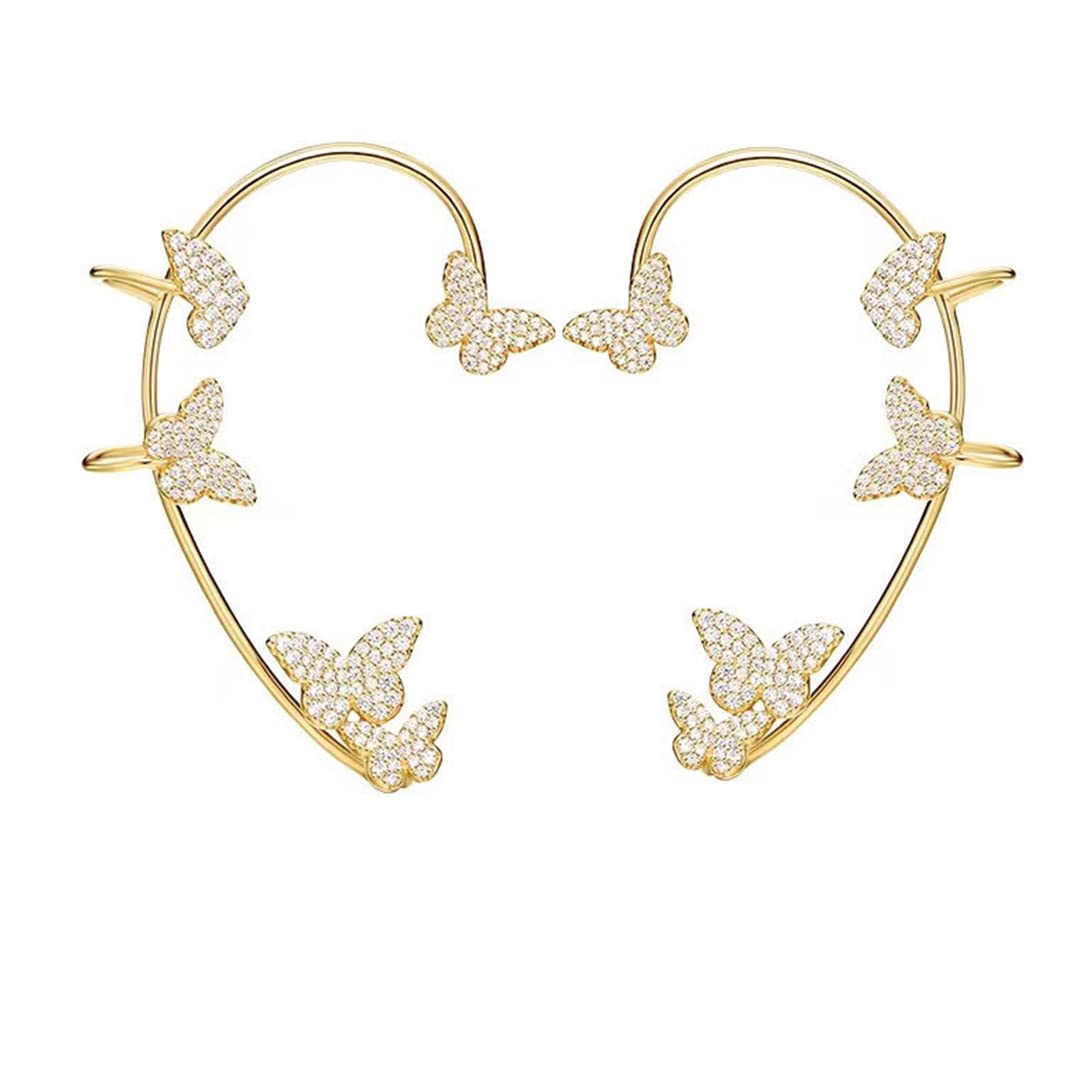 Zircon Butterfly Clip-On Earrings for Women & Teens - No Piercing Ear Cuffs with Rhinestones, Elegant Wrap Around Ear Jewelry - Perfect for Parties, Weddings & Everyday Wear