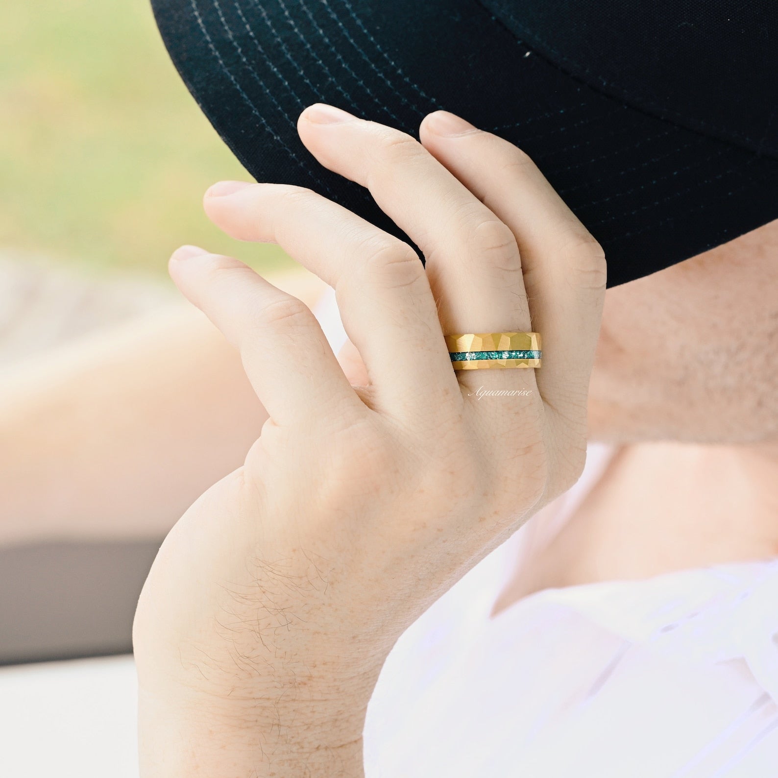 Crushed Aquamarine Wedding Band - Gold Tungsten Ring for Men & Women - Perfect for Engagement, Anniversary & Gift Giving