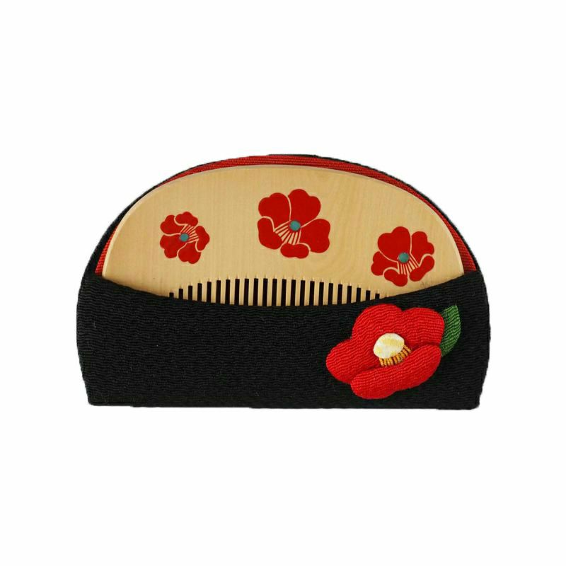 Handmade Japanese Maki-e Urushi Lacquer Tsuge Boxwood Hair Comb with Chirimen Crepe Fabric Case - Kyoto Traditional Craft, Camellia Design - Perfect for Weddings, Tea Ceremonies & Kimono Styling